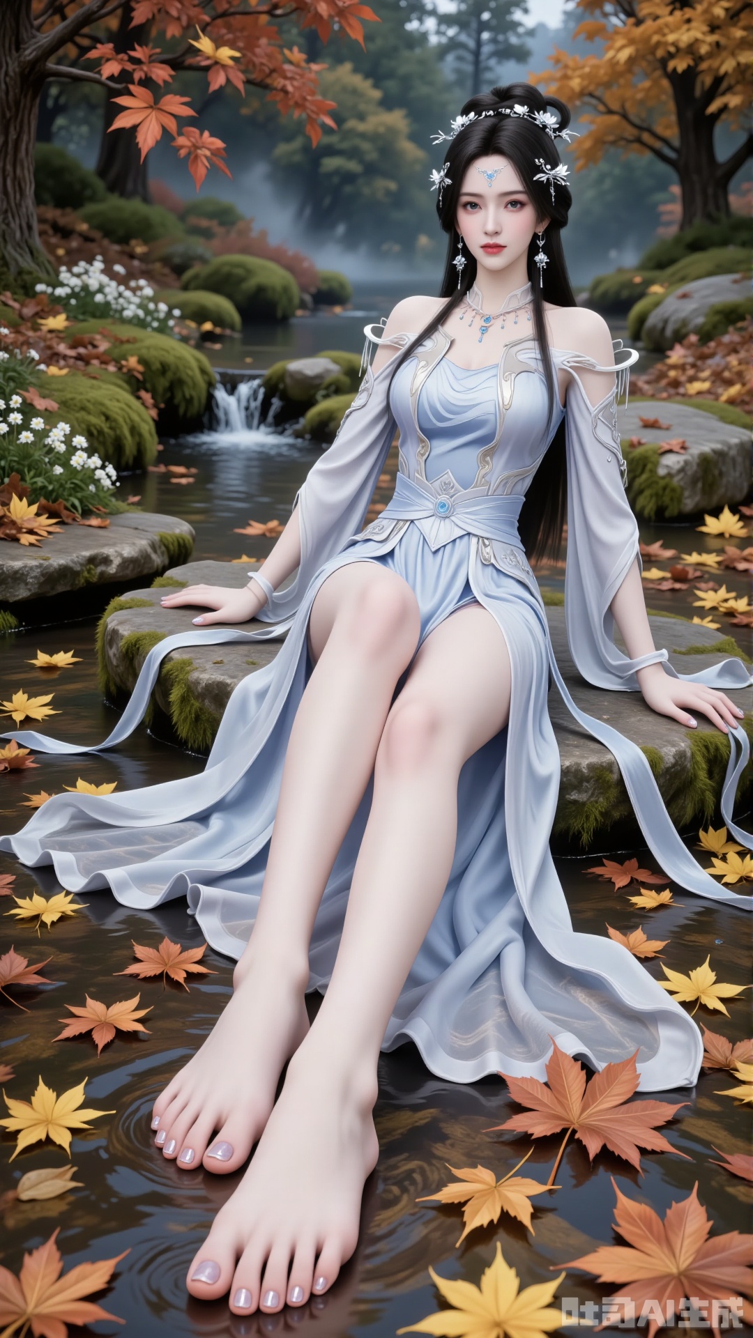 Side profile shot: A beautiful woman seated on a stone, barefoot with a close - up of her feet. Taken from a low - angle perspective.
 
Overall Concept: Create a visually stunning, aesthetically pleasing scene where the subject seamlessly blends with the natural environment, facing the viewer directly. The composition fully encompasses the character and the surrounding autumnal foliage, offering an expansive view. The character serves as the focal point, while the fallen leaves enhance the overall ambiance. Key elements include maple trees and fallen leaves.
 
Perspective: The subject looks directly into the camera. Shot from a low - angle, upward perspective, this vantage point clearly showcases the spatial relationship between the character and the fallen leaves on the ground, providing a unique visual experience.
 
Poses: Seated on the stone, one hand rests naturally on her leg, while the other relaxes by her side. Emphasize her delicate hands and fingers.
 
Character Description: An Eastern - styled ancient - aesthetic female character with a slender and graceful figure. She wears a forehead ornament, has long black hair, exquisitely detailed eyes, and colored contact lenses.
 
Clothing: A xianxia - style long robe, adapted from traditional Hanfu. The main color is white, transitioning into a pale blue gradient. Features silver - white patterned embroidery. The fabric has a silk - like smooth texture, exhibiting a soft sheen that varies with different lighting conditions.
 
- Structural Design: Strapless long dress with wide sleeves. The lower skirt is floor - length, featuring natural, flowing folds. Adorned with flowing ribbons.
 
Hairstyle and Accessories
 
- Hairstyle: A classic high chignon with long hair cascading naturally over her shoulders and back. The hair is shiny black, with a realistic texture.
- Accessories: Silver hair ornaments, necklace, earrings, and other jewelry. The dress also has embroidery, and she wears a forehead ornament.
 
Additional Details: Her slender legs are exposed, barefoot. Her toenails are manicured with shiny, transparent nail polish.
 
Background: Set against an autumnal backdrop with fallen leaves, butterflies, and a ground carpeted with a rich palette of orange, yellow, and red autumn leaves. Include moss - covered stones, weeds, wildflowers, and a clear - flowing stream with fallen leaves floating on its surface. This creates a rich, serene autumnal atmosphere, highlighting the beauty of nature. A maple branch is positioned in the foreground of the shot.