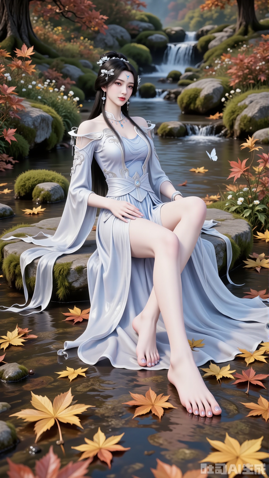 Side profile shot: A beautiful woman seated on a stone, barefoot with a close - up of her feet. Taken from a low - angle perspective.
 
Overall Concept: Create a visually stunning, aesthetically pleasing scene where the subject seamlessly blends with the natural environment, facing the viewer directly. The composition fully encompasses the character and the surrounding autumnal foliage, offering an expansive view. The character serves as the focal point, while the fallen leaves enhance the overall ambiance. Key elements include maple trees and fallen leaves.
 
Perspective: The subject looks directly into the camera. Shot from a low - angle, upward perspective, this vantage point clearly showcases the spatial relationship between the character and the fallen leaves on the ground, providing a unique visual experience.
 
Poses: Seated on the stone, one hand rests naturally on her leg, while the other relaxes by her side. Emphasize her delicate hands and fingers.
 
Character Description: An Eastern - styled ancient - aesthetic female character with a slender and graceful figure. She wears a forehead ornament, has long black hair, exquisitely detailed eyes, and colored contact lenses.
 
Clothing: A xianxia - style long robe, adapted from traditional Hanfu. The main color is white, transitioning into a pale blue gradient. Features silver - white patterned embroidery. The fabric has a silk - like smooth texture, exhibiting a soft sheen that varies with different lighting conditions.
 
- Structural Design: Strapless long dress with wide sleeves. The lower skirt is floor - length, featuring natural, flowing folds. Adorned with flowing ribbons.
 
Hairstyle and Accessories
 
- Hairstyle: A classic high chignon with long hair cascading naturally over her shoulders and back. The hair is shiny black, with a realistic texture.
- Accessories: Silver hair ornaments, necklace, earrings, and other jewelry. The dress also has embroidery, and she wears a forehead ornament.
 
Additional Details: Her slender legs are exposed, barefoot. Her toenails are manicured with shiny, transparent nail polish.
 
Background: Set against an autumnal backdrop with fallen leaves, butterflies, and a ground carpeted with a rich palette of orange, yellow, and red autumn leaves. Include moss - covered stones, weeds, wildflowers, and a clear - flowing stream with fallen leaves floating on its surface. This creates a rich, serene autumnal atmosphere, highlighting the beauty of nature. A maple branch is positioned in the foreground of the shot.
