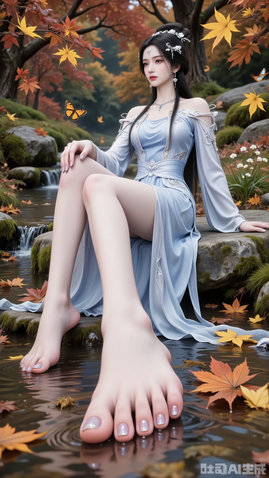 Side Profile: Beauty Seated on Stone with Barefoot Close-up
 
A graceful oriental female figure sits on a mossy stone, bare feet gently touching the clear stream below. Shot from a low-angle upward perspective, the composition frames her against a backdrop of autumn maple leaves in vivid hues—orange, yellow, and red—scattered across the ground and floating on the water. Butterflies flutter around, while wildflowers and weeds add to the natural tranquility.
 
Her classical high bun drapes long, glossy black hair over her shoulders, adorned with silver hair ornaments. A forehead accessory catches the light, complementing her delicate features and colored contact lenses. The modified xianxia-style robe flows in white-to-blue gradients, a strapless design with wide sleeves and a floor-length skirt that cascades in natural folds. Embroidery and silk-like fabric shimmer subtly under the autumn light, while飘带(floating ribbons) accentuate her movements.
 
One hand rests casually on her leg, the other at her side, showcasing manicured fingers with shiny transparent nail polish. Her slender legs and bare feet—toes painted and polished—form the focal point of the close-up, blending seamlessly with the fallen leaves and stream. The low-angle shot elevates her figure, creating a唯美(beautiful and ethereal) atmosphere where man and nature unite in serene harmony. Maple branches frame the scene, enhancing the rich, tranquil autumn mood.