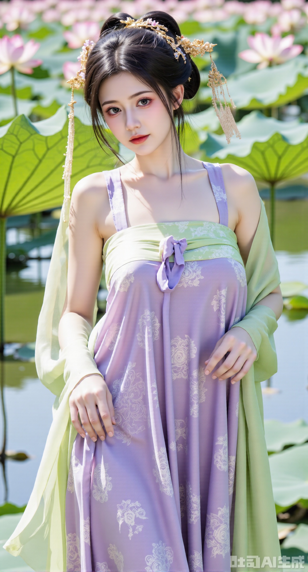 (masterpiece, best quality:1.2),1girl, navel, solo, midriff, shoulders, hair ornament, flower, hair flower, black hair, red lips,BREAK, (looking at viewer:1.39), Song-style Hanfu clothes,(Holographic pink pleated skirt:1.39), (Holographic purple beizi:1.39),(Holographic green Song Dynasty style tube top:1.29),purple eyes,blurry, solo focus, very long hair, lips, daytime, lipstick, outdoors, (upper body,Long legs:1.29),(Extra large cup,K cup:1.49),, background, 1girl, makeup, hair bun,(Blue sky:1.39),( Garden Lotus Pond,pink lotus,green Lotus Leaf:1.39), (huge breasts, full breasts:2.99),liumeiY,XyueliuY,Xyunwangshu,XlishaoyinY,XyunwangshuxiheY,XlinziyueYH,XtangzichenK,Xnuwashenian,Xbigbreasts,XyanqingfeiY,XyinyueXH,XyunxiaoYK,Xsonghanfu,XlingyuyxiuX,XlingyuyxiuX2,Xqinghannu,Xtangqixiongshanqun