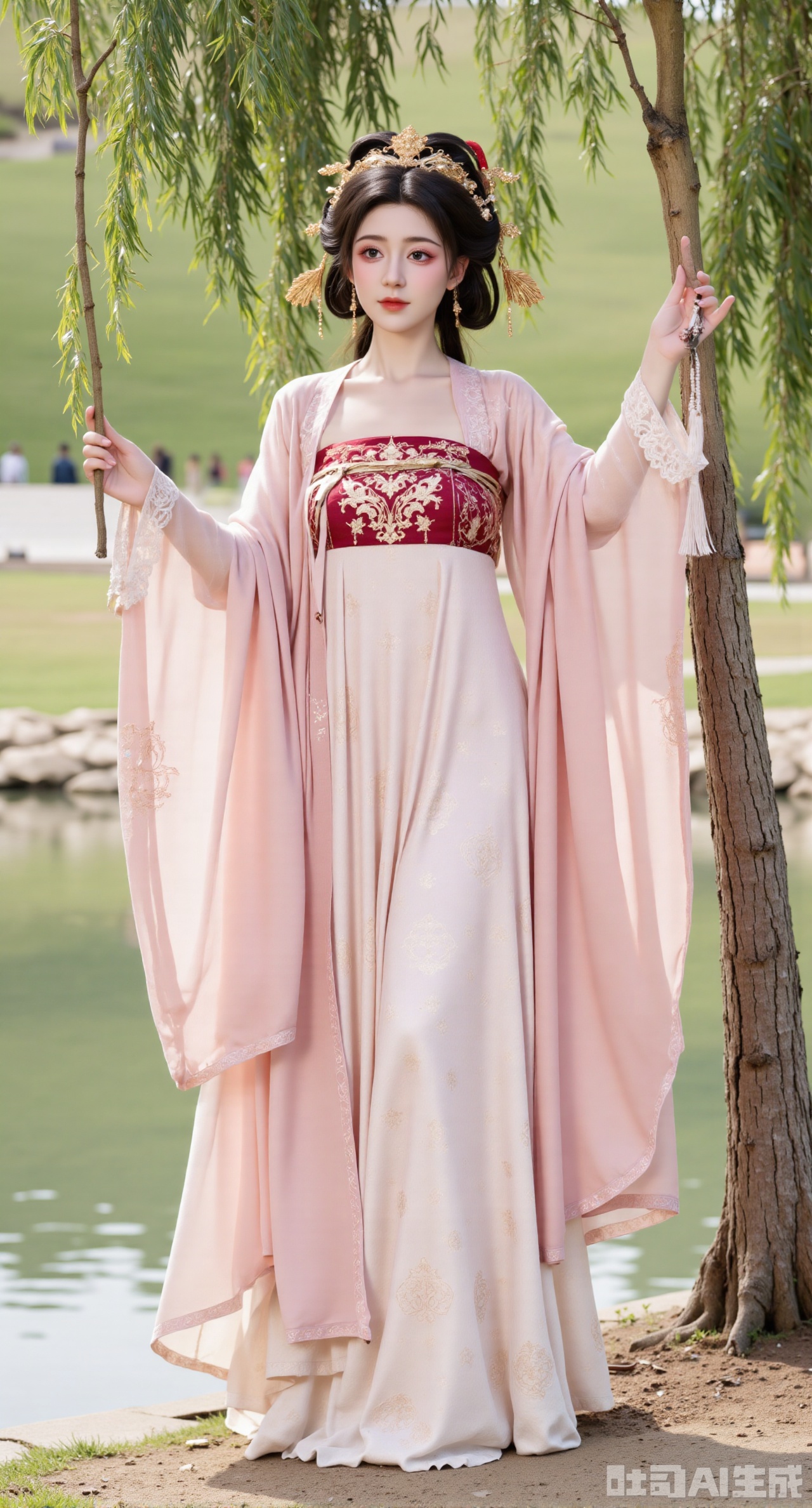 (masterpiece,best quality:1.23), A graceful maiden in a richly embroidered Tang dynasty Qixiong Ruqun, with wide, elegant sleeves and a sheer outer shawl, posing by a tranquil pond under a willow tree, soft diffused light, ethereal atmosphere.
(huge breasts, full breasts:2.98),XyunxiaoYK,Xsonghanfu,XlingyuyxiuX,XlingyuyxiuX2,Xqinghannu,Xtangqixiongshanqun