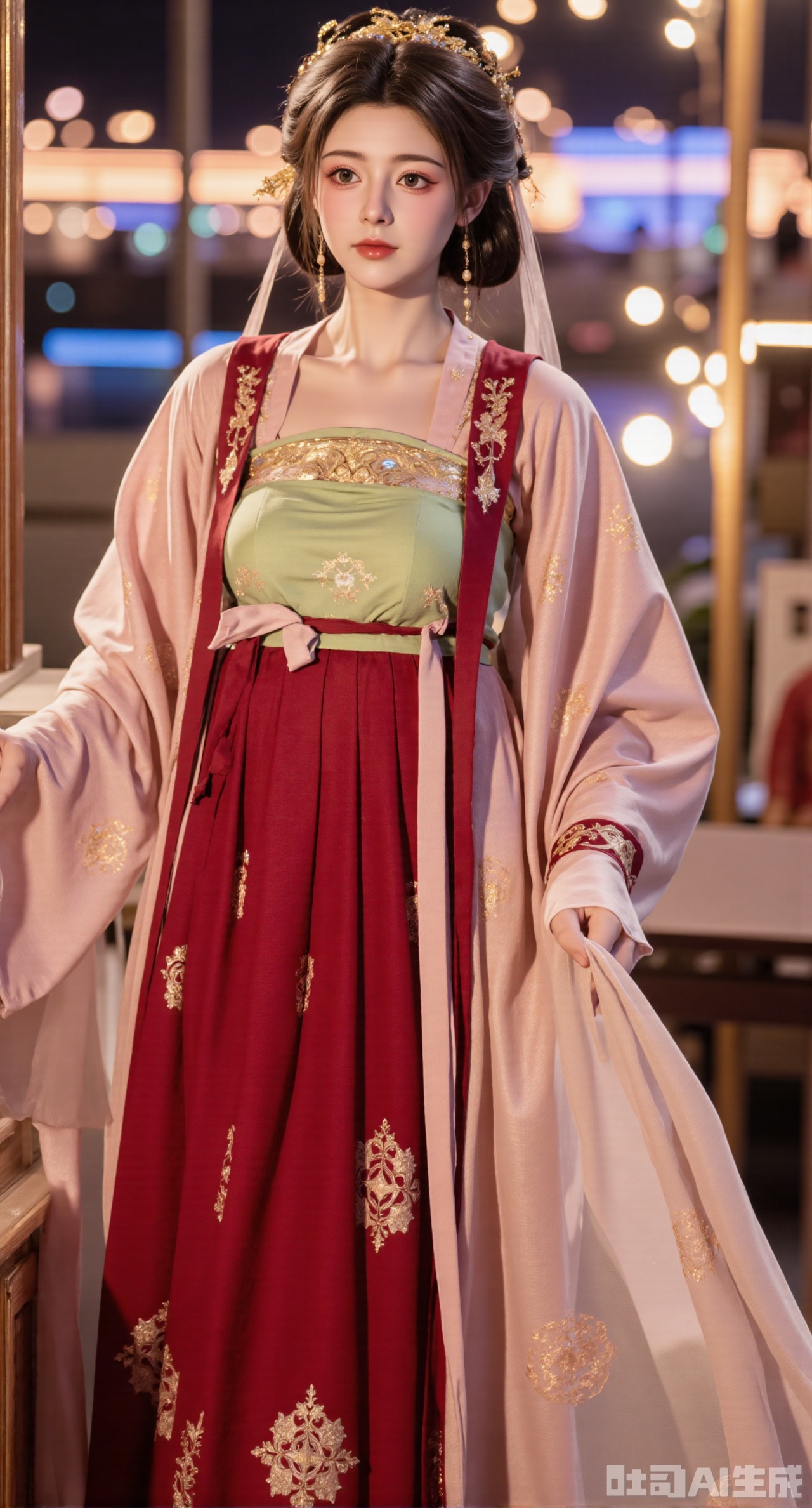 masterpiece, best quality, A beautiful girl in Song - style Hanfu wears a light-red front - opening long gown, with a light-green Song - style bustier inside and a red pleated skirt. The cuffs of the long gown are embroidered with tender - yellow winter jasmine flowers, and the pleats of the pleated skirt are delicate. She is in the bustling Bianjing night market, curiously looking at the dazzling array of stalls around. The night market is ablaze with lights, and the crowd is bustling, full of the lively atmosphere of the marketplace, (huge breasts, full breasts:2.99),liumeiY,XyueliuY,Xyunwangshu,XlishaoyinY,XyunwangshuxiheY,XlinziyueYH,XtangzichenK,Xnuwashenian,Xbigbreasts,XyanqingfeiY,XyinyueXH,XyunxiaoYK,Xsonghanfu,XlingyuyxiuX,XlingyuyxiuX2,Xqinghannu,Xtangqixiongshanqun