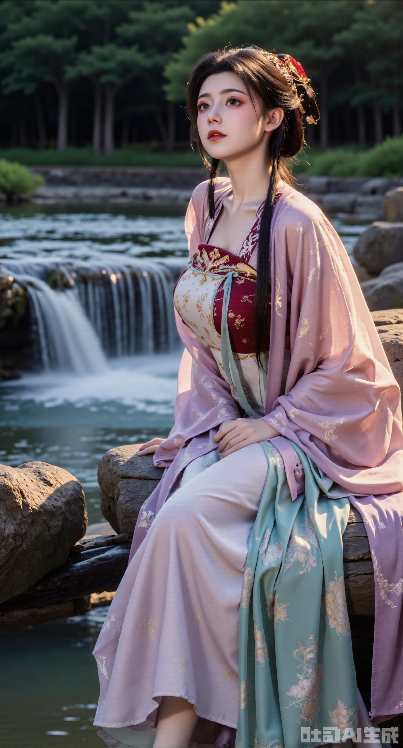 (masterpiece,best quality:1.23), A pensive girl in a classic Tang dynasty Qixiong Ruqun, deep rich colors, adorned with jade accessories, sitting elegantly on a rock beside a cascading waterfall, magical forest setting, dramatic lighting.
(huge breasts, full breasts:2.98),XyunxiaoYK,Xsonghanfu,XlingyuyxiuX,XlingyuyxiuX2,Xqinghannu,Xtangqixiongshanqun