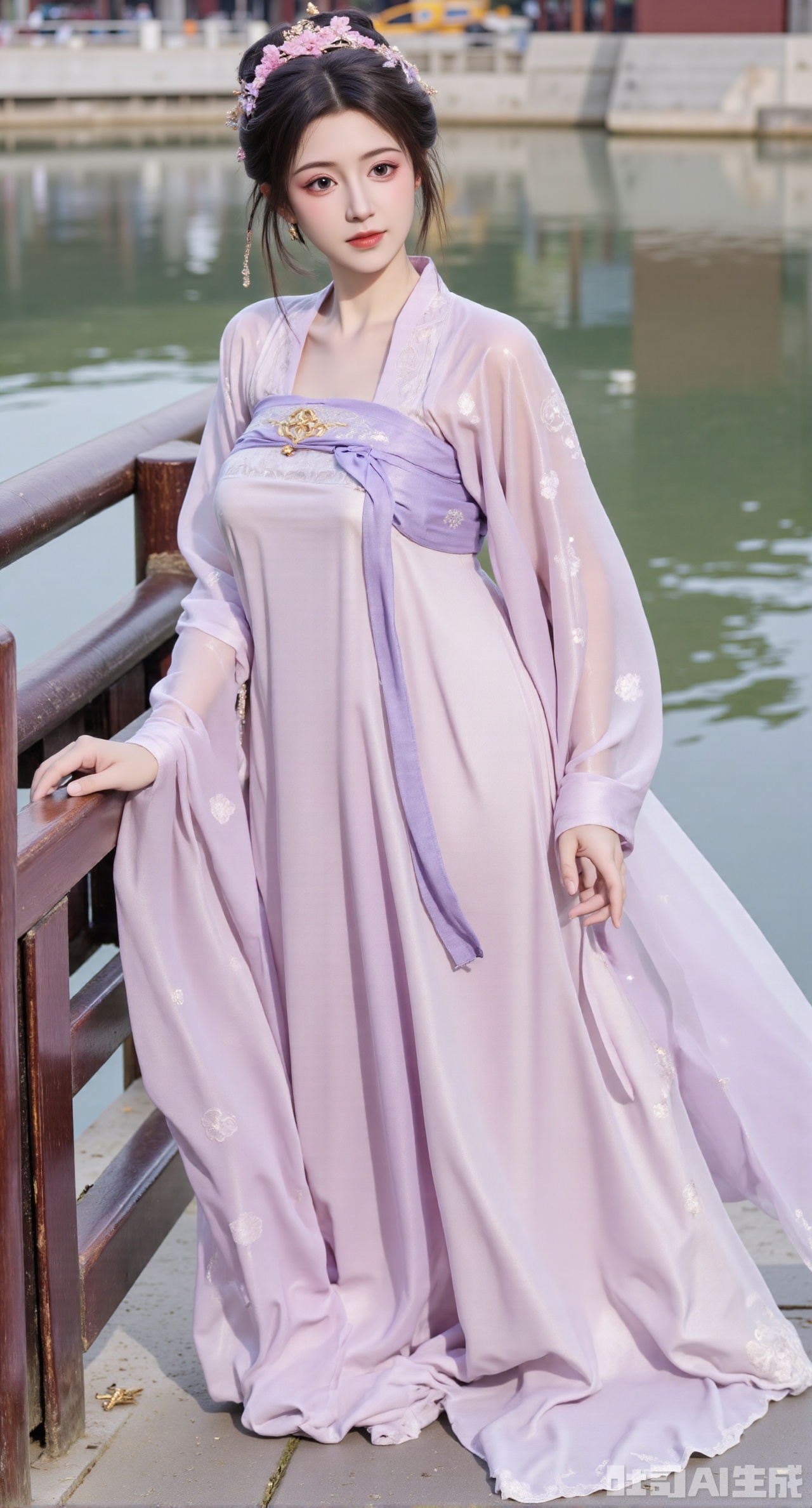 (masterpiece,best quality:1.23), A full-body view of a young woman in an authentic Tang dynasty Hanfu Qixiong Ruqun, with layered skirts and a contrasting belt, standing on a bridge over a flowing river, traditional Chinese landscape painting style background, overcast day.
(huge breasts, full breasts:2.98),XyunxiaoYK,Xsonghanfu,XlingyuyxiuX,XlingyuyxiuX2,Xqinghannu,Xtangqixiongshanqun