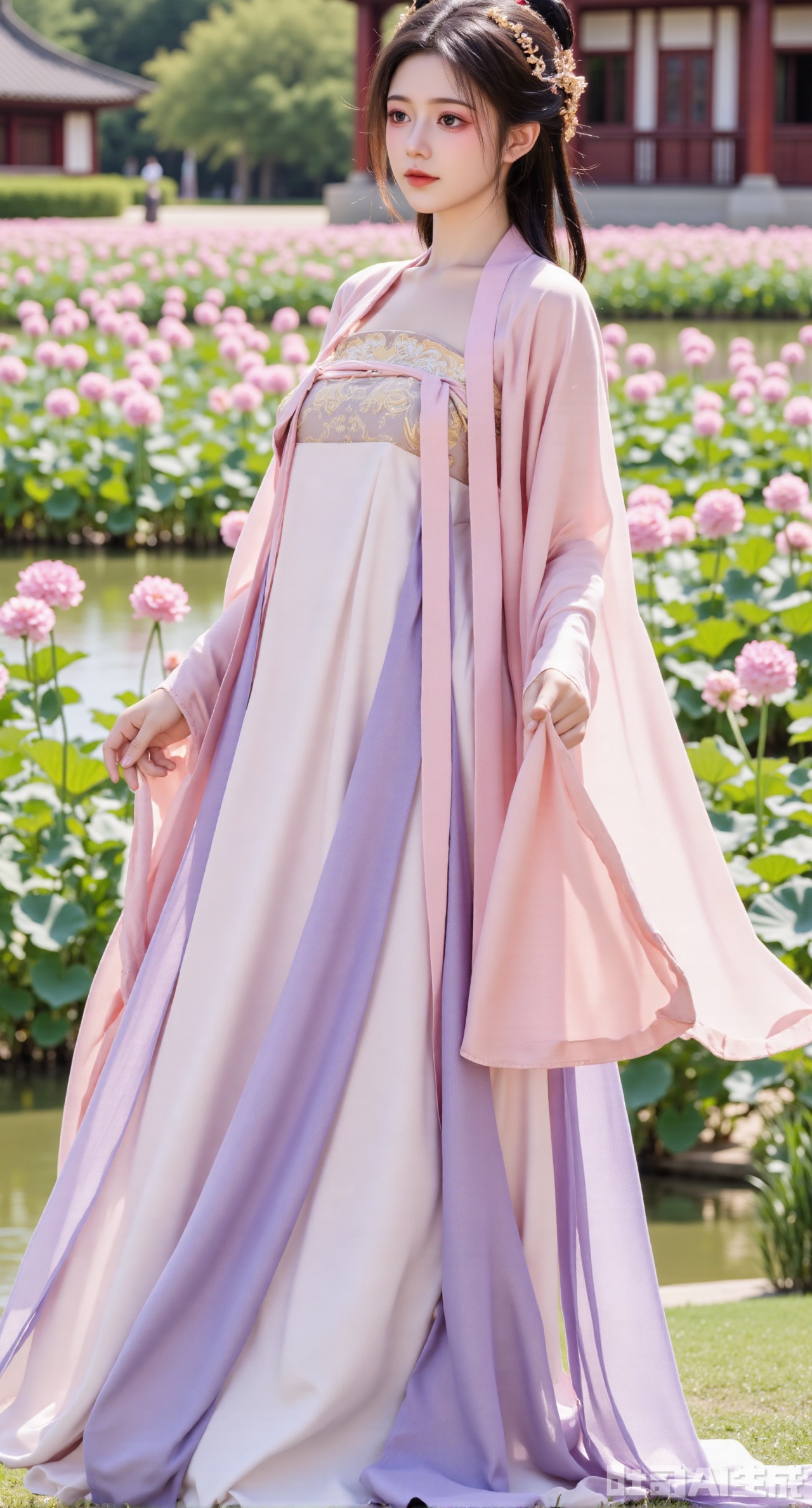(masterpiece,best quality:1.23), A young girl in Tang dynasty Hanfu, specifically a Qixiong Ruqun (chest-high skirt), with flowing long sleeves and a delicate silk blouse, standing in a vibrant palace garden filled with peonies and cherry blossoms, bright sunlight, classical Chinese aesthetic.
(huge breasts, full breasts:2.98),XyunxiaoYK,Xsonghanfu,XlingyuyxiuX,XlingyuyxiuX2,Xqinghannu,Xtangqixiongshanqun