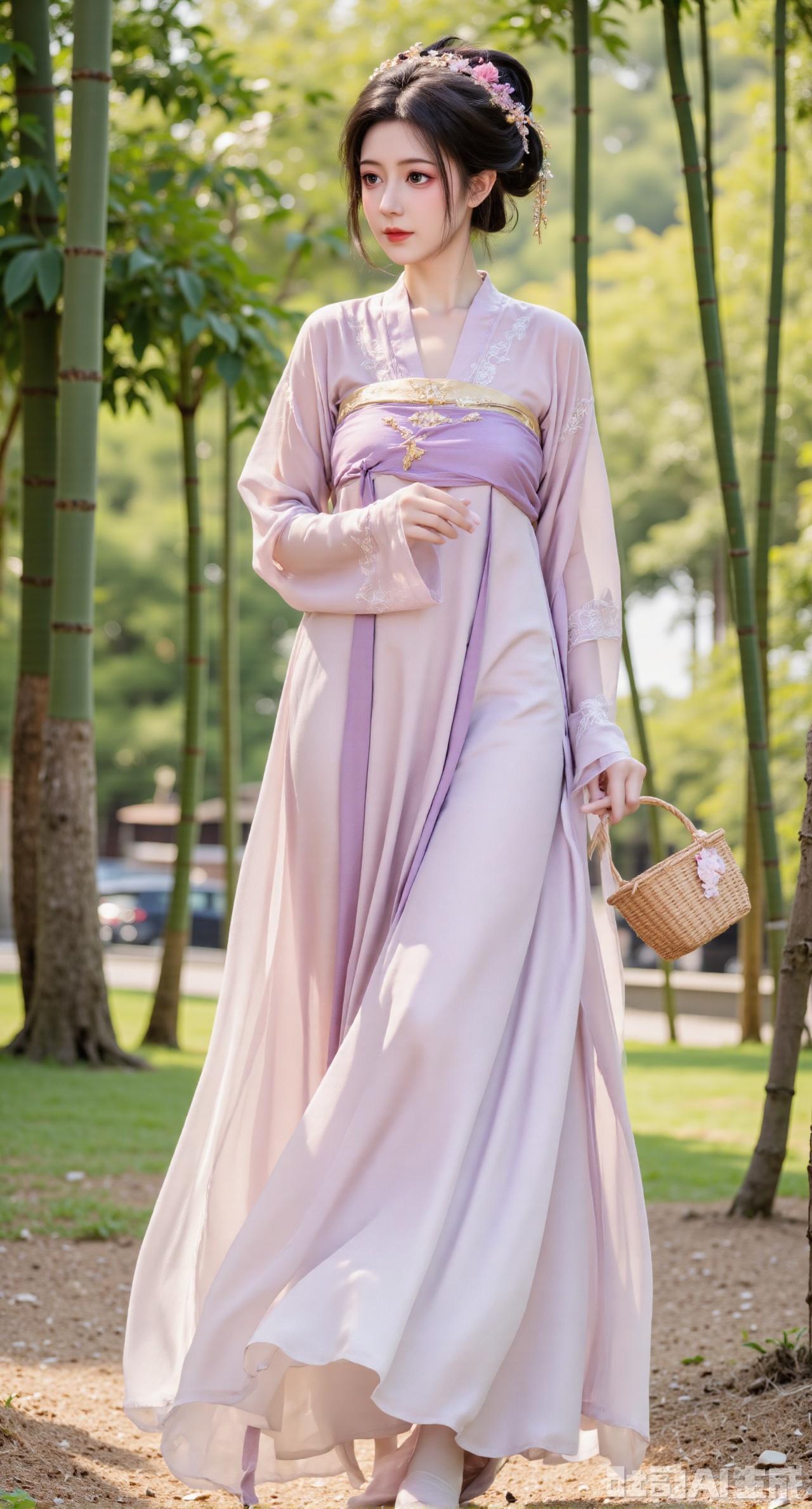 (masterpiece,best quality:1.23), A charming maiden in a delicate Qixiong Ruqun with a transparent outer layer and intricate floral embroidery, holding a small basket, walking through a bamboo forest, dappled sunlight, peaceful natural setting.
(huge breasts, full breasts:2.98),XyunxiaoYK,Xsonghanfu,XlingyuyxiuX,XlingyuyxiuX2,Xqinghannu,Xtangqixiongshanqun