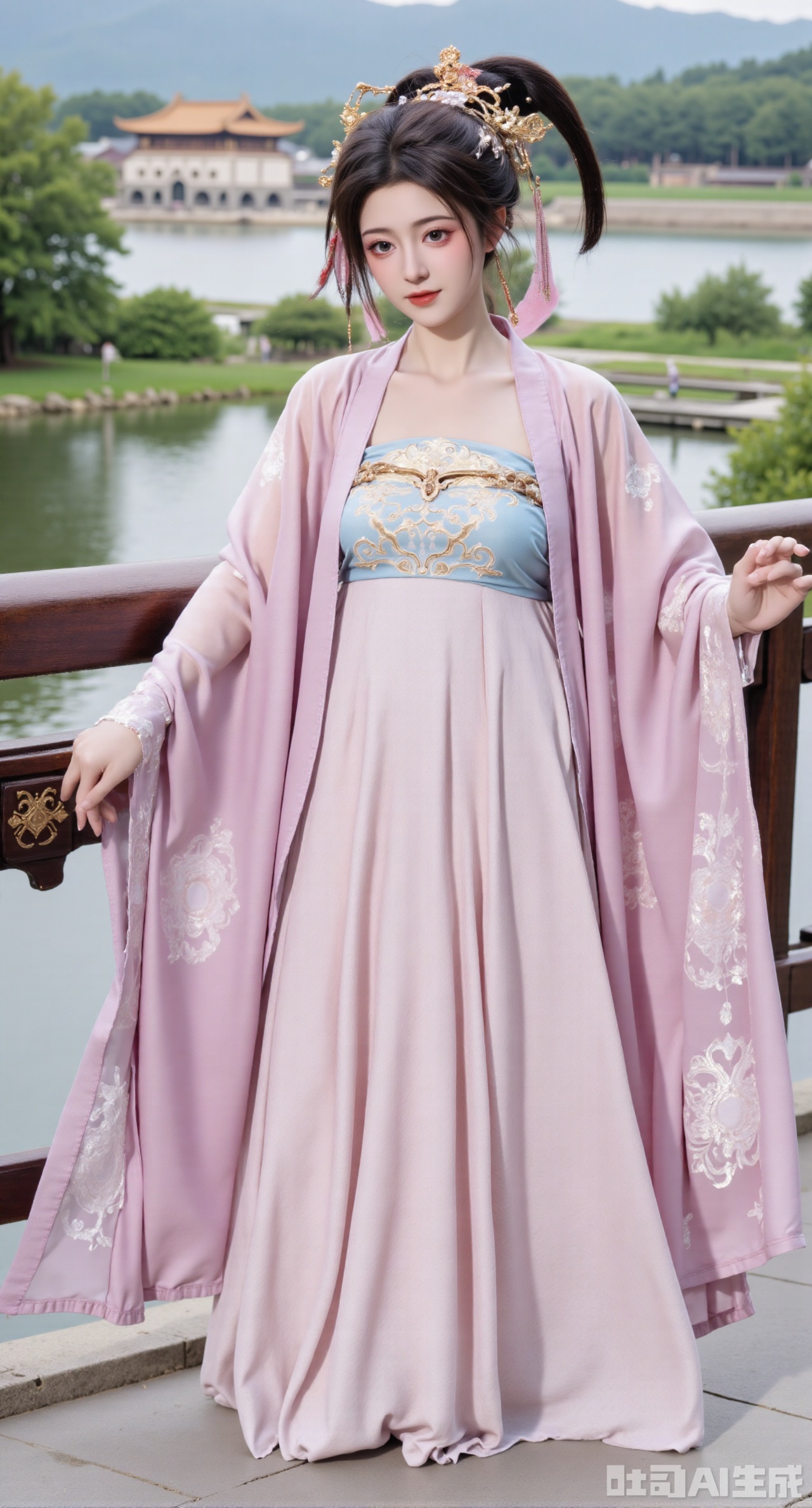 (masterpiece,best quality:1.23), A full-body view of a young woman in an authentic Tang dynasty Hanfu Qixiong Ruqun, with layered skirts and a contrasting belt, standing on a bridge over a flowing river, traditional Chinese landscape painting style background, overcast day.
(huge breasts, full breasts:2.98),XyunxiaoYK,Xsonghanfu,XlingyuyxiuX,XlingyuyxiuX2,Xqinghannu,Xtangqixiongshanqun