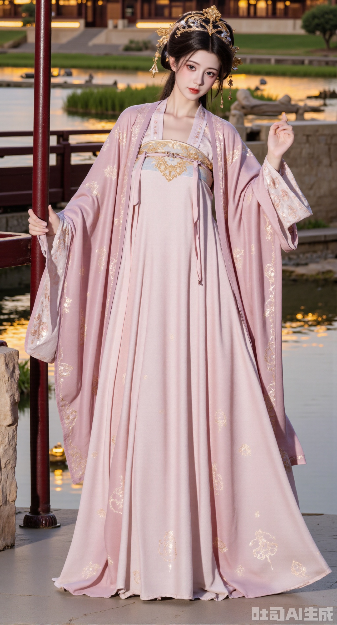 (masterpiece,best quality:1.23), A detailed front view of a girl in a luxurious Tang dynasty Hanfu Qixiong Ruqun, showcasing the layered fabrics, transparent outer blouse, and elaborate gold patterns, standing on an ornate bridge over a koi pond, opulent palace setting.
(huge breasts, full breasts:2.98)XyunxiaoYK,Xsonghanfu,XlingyuyxiuX,XlingyuyxiuX2,Xqinghannu,Xtangqixiongshanqun
