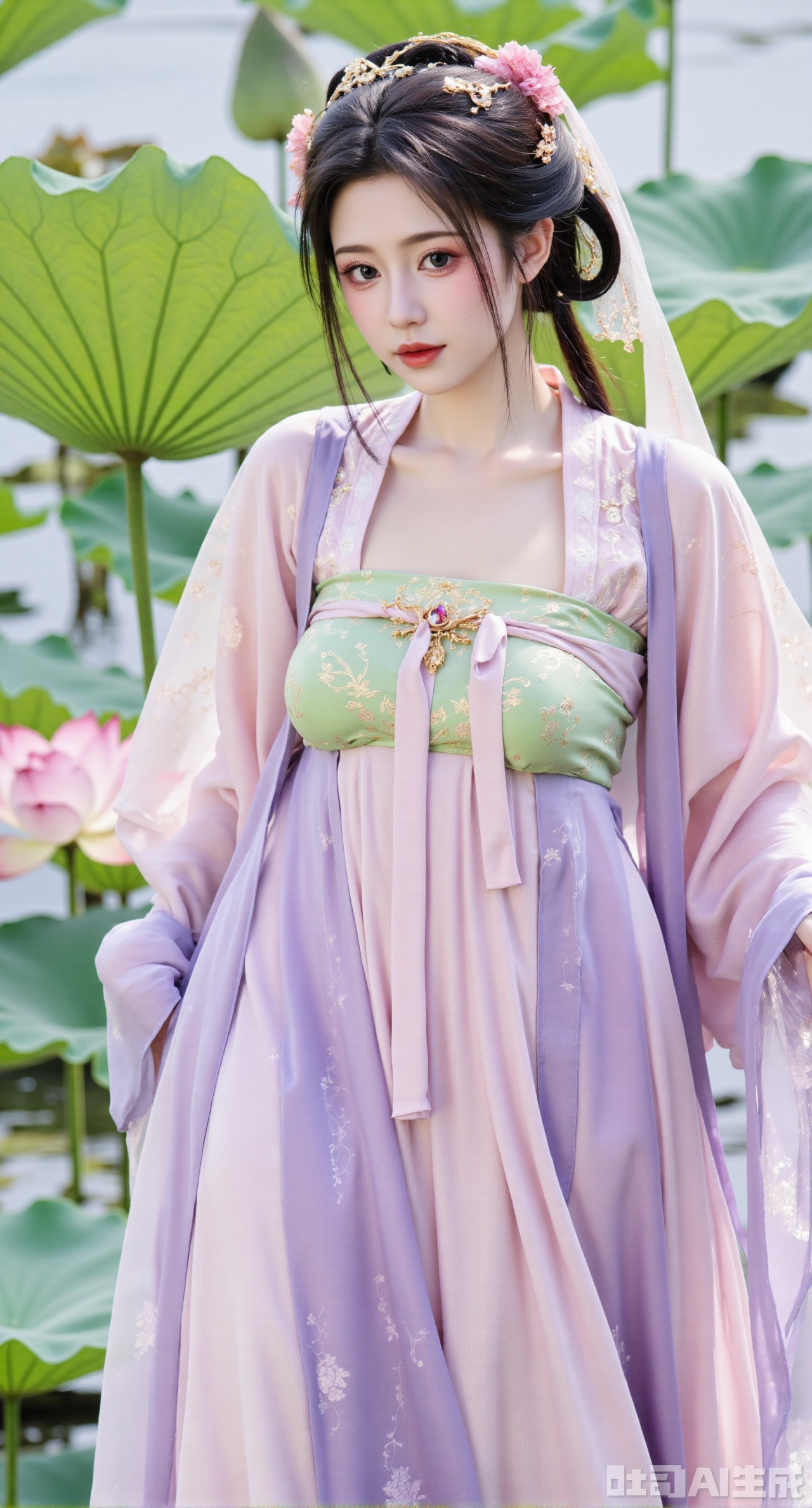 (masterpiece, best quality:1.2),1girl, navel, solo, midriff, shoulders, hair ornament, flower, hair flower, black hair, red lips,BREAK, (looking at viewer:1.39), Song-style Hanfu clothes,(Holographic pink pleated skirt:1.39), (Holographic purple beizi:1.39),(Holographic green Song Dynasty style tube top:1.29),purple eyes,blurry, solo focus, very long hair, lips, daytime, lipstick, outdoors, (upper body,Long legs:1.29),(Extra large cup,K cup:1.49),, background, 1girl, makeup, hair bun,(Blue sky:1.39),( Garden Lotus Pond,pink lotus,green Lotus Leaf:1.39), (huge breasts, full breasts:2.99),liumeiY,XyueliuY,Xyunwangshu,XlishaoyinY,XyunwangshuxiheY,XlinziyueYH,XtangzichenK,Xnuwashenian,Xbigbreasts,XyanqingfeiY,XyinyueXH,XyunxiaoYK,Xsonghanfu,XlingyuyxiuX,XlingyuyxiuX2,Xqinghannu,Xtangqixiongshanqun