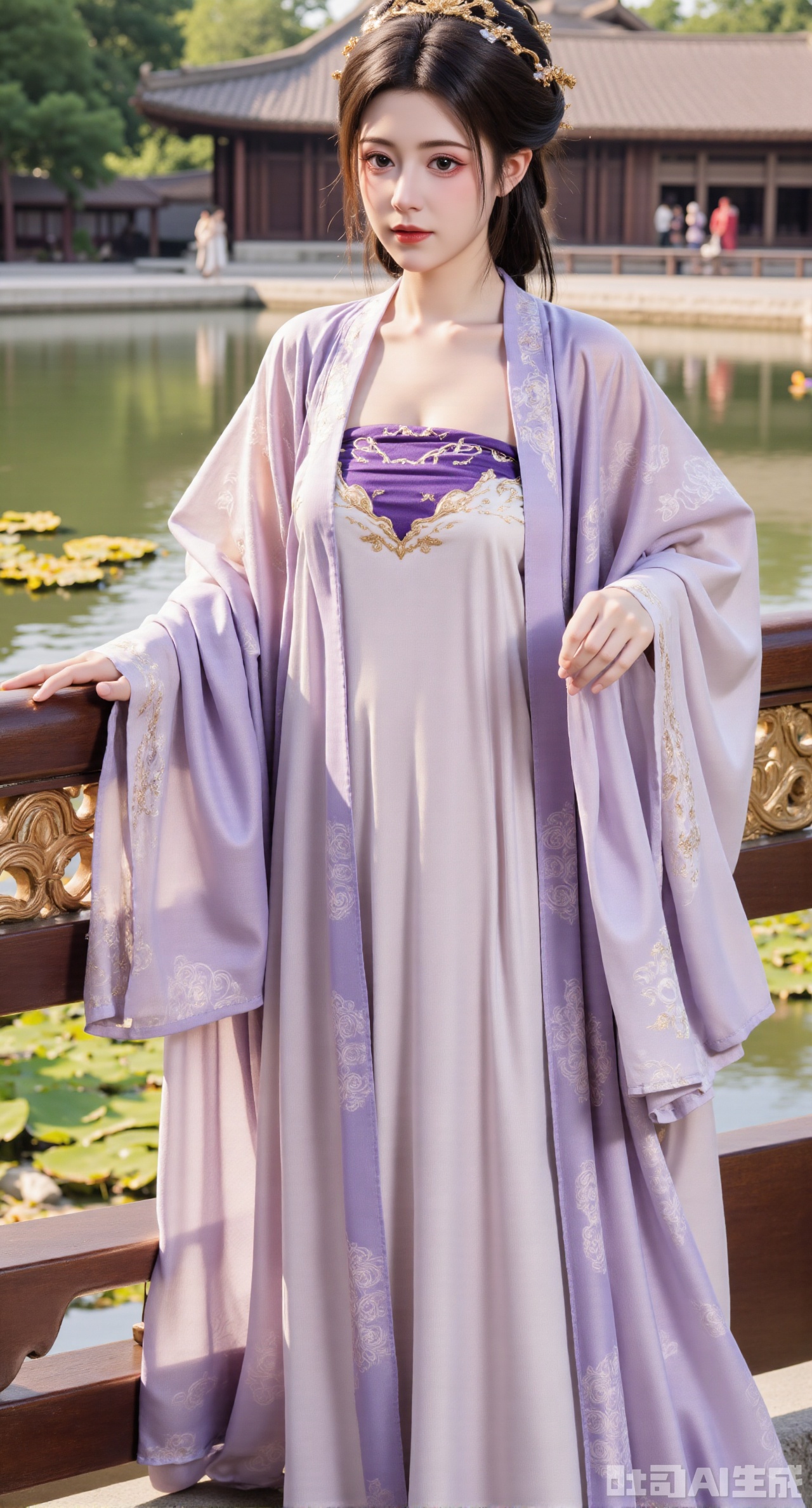 (masterpiece,best quality:1.23), A detailed front view of a girl in a luxurious Tang dynasty Hanfu Qixiong Ruqun, showcasing the layered fabrics, transparent outer blouse, and elaborate gold patterns, standing on an ornate bridge over a koi pond, opulent palace setting.
(huge breasts, full breasts:2.98)XyunxiaoYK,Xsonghanfu,XlingyuyxiuX,XlingyuyxiuX2,Xqinghannu,Xtangqixiongshanqun