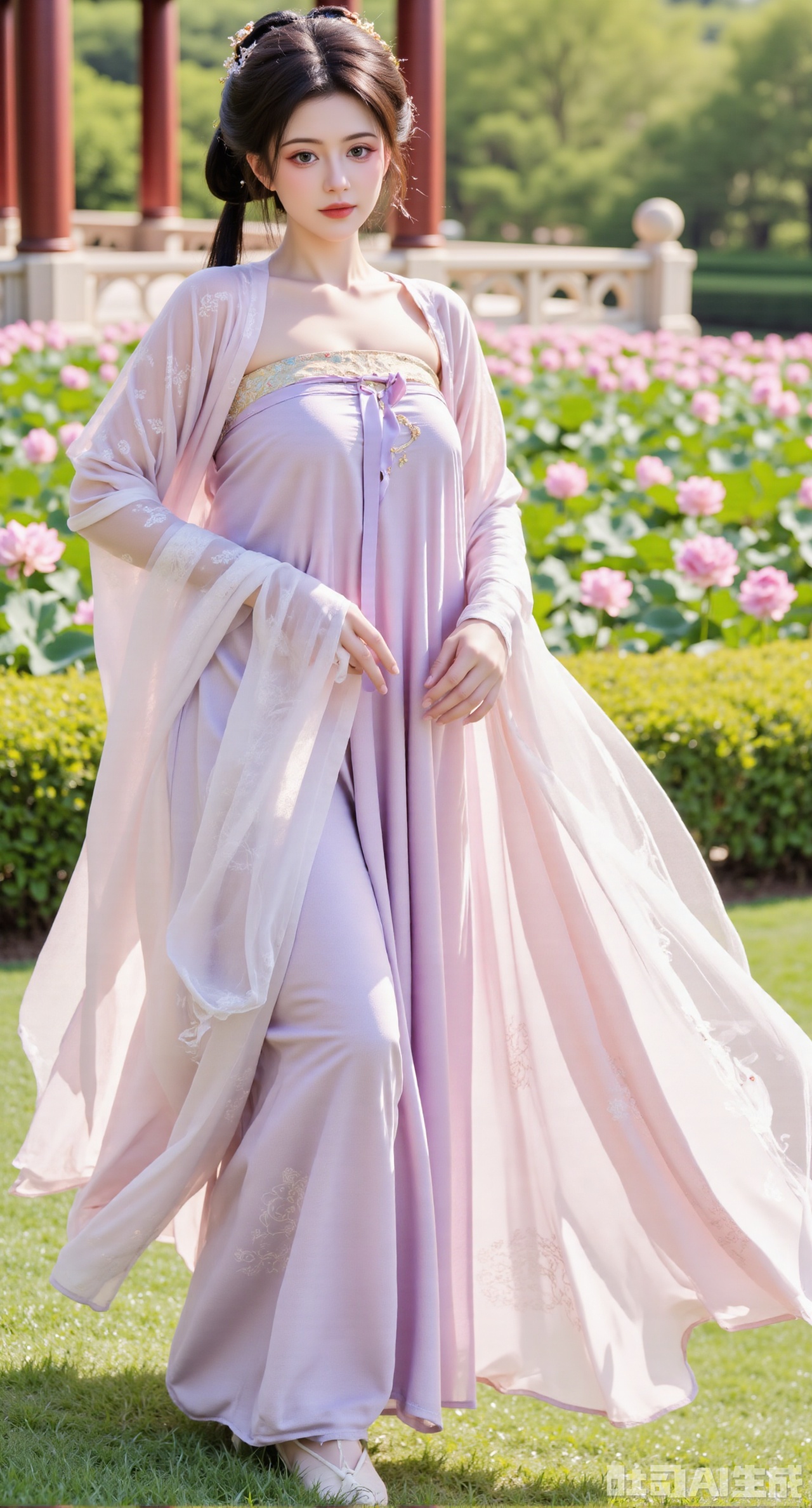 (masterpiece,best quality:1.23), A young girl in Tang dynasty Hanfu, specifically a Qixiong Ruqun (chest-high skirt), with flowing long sleeves and a delicate silk blouse, standing in a vibrant palace garden filled with peonies and cherry blossoms, bright sunlight, classical Chinese aesthetic.
(huge breasts, full breasts:2.98),XyunxiaoYK,Xsonghanfu,XlingyuyxiuX,XlingyuyxiuX2,Xqinghannu,Xtangqixiongshanqun