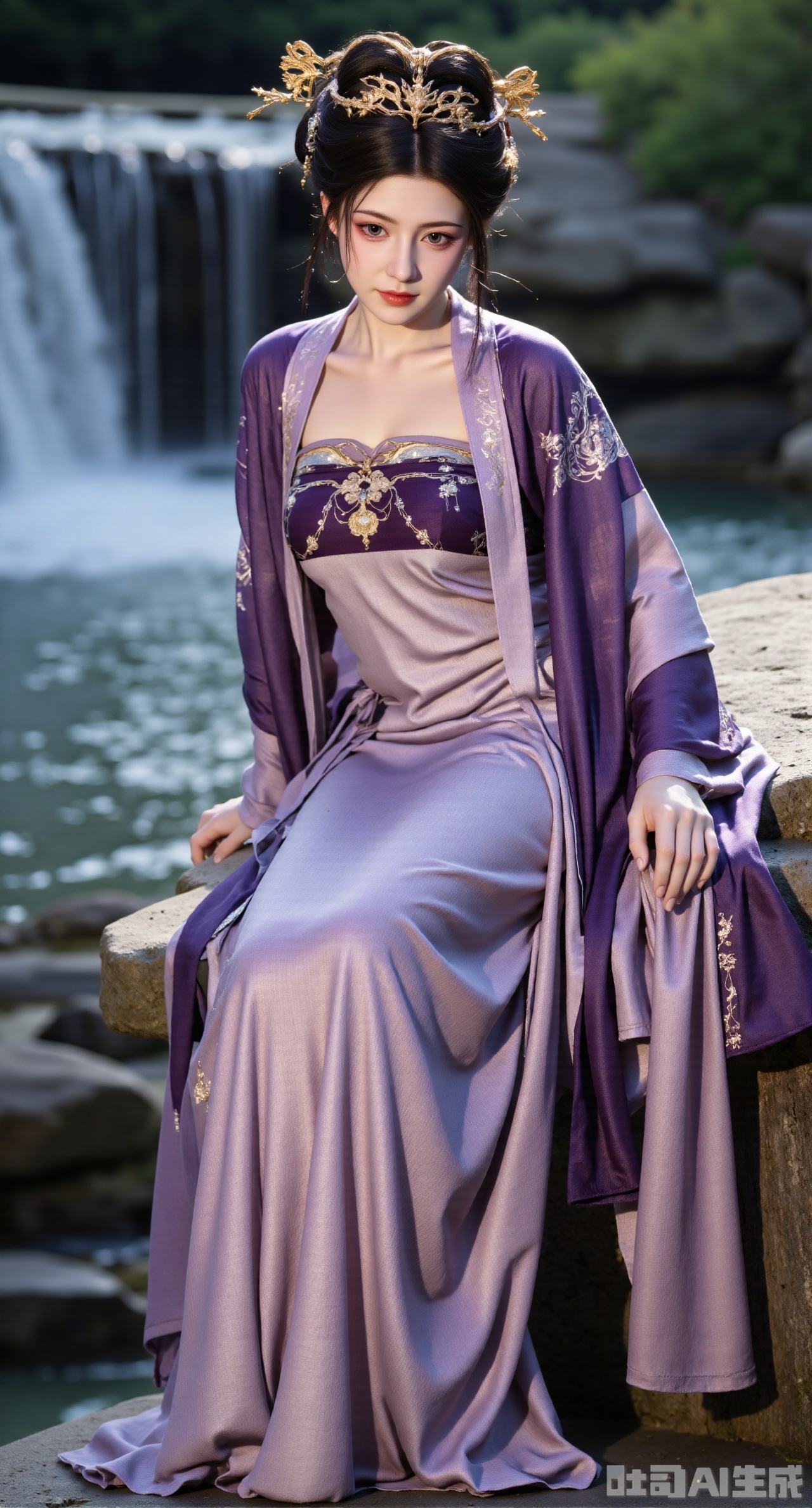 (masterpiece,best quality:1.23), A pensive girl in a classic Tang dynasty Qixiong Ruqun, deep rich colors, adorned with jade accessories, sitting elegantly on a rock beside a cascading waterfall, magical forest setting, dramatic lighting.
(huge breasts, full breasts:2.98),XyunxiaoYK,Xsonghanfu,XlingyuyxiuX,XlingyuyxiuX2,Xqinghannu,Xtangqixiongshanqun