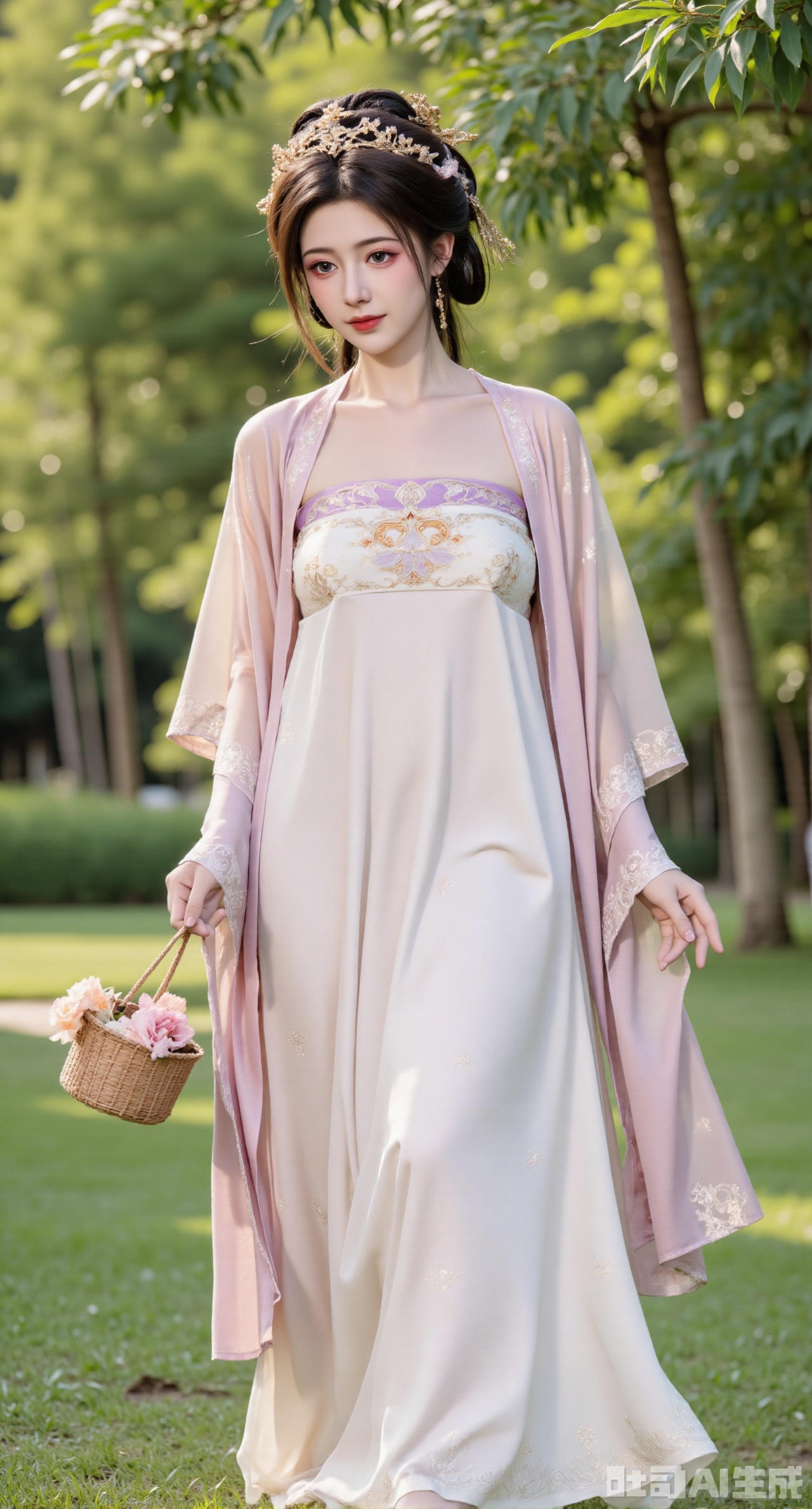 (masterpiece,best quality:1.23), A charming maiden in a delicate Qixiong Ruqun with a transparent outer layer and intricate floral embroidery, holding a small basket, walking through a bamboo forest, dappled sunlight, peaceful natural setting.
(huge breasts, full breasts:2.98),XyunxiaoYK,Xsonghanfu,XlingyuyxiuX,XlingyuyxiuX2,Xqinghannu,Xtangqixiongshanqun