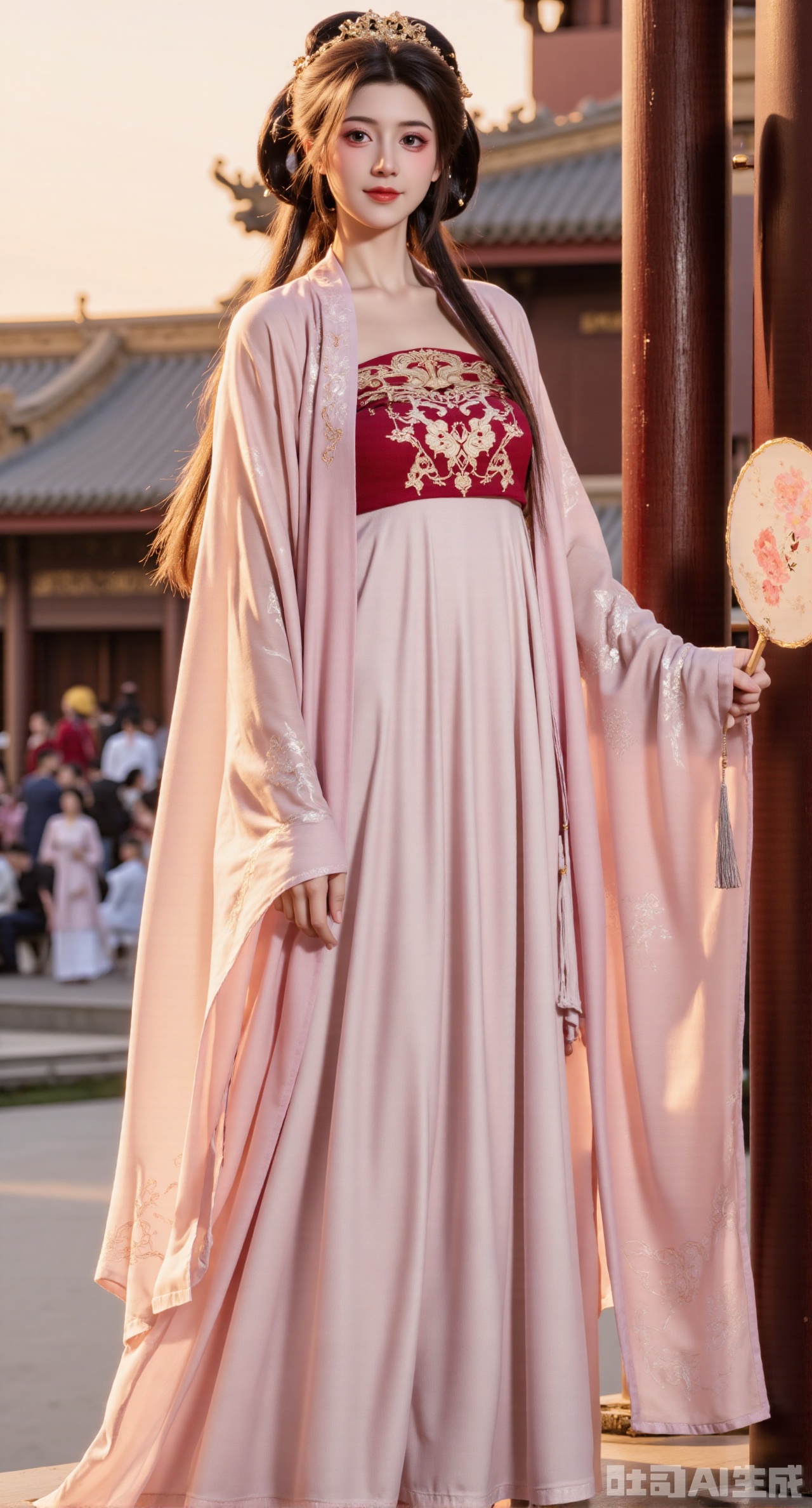 (masterpiece,best quality:1.23), A cheerful girl in a vibrant Tang dynasty Hanfu Qixiong Ruqun, with a high-waisted, pleated skirt and a contrasting short top, holding a fan, surrounded by ancient Chinese architecture and bustling market scenes, warm golden hour lighting.
(huge breasts, full breasts:2.98),XyunxiaoYK,Xsonghanfu,XlingyuyxiuX,XlingyuyxiuX2,Xqinghannu,Xtangqixiongshanqun