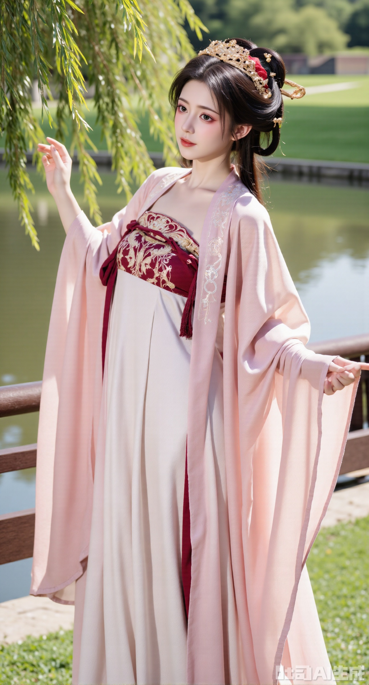 (masterpiece,best quality:1.23), A graceful maiden in a richly embroidered Tang dynasty Qixiong Ruqun, with wide, elegant sleeves and a sheer outer shawl, posing by a tranquil pond under a willow tree, soft diffused light, ethereal atmosphere.
(huge breasts, full breasts:2.98),XyunxiaoYK,Xsonghanfu,XlingyuyxiuX,XlingyuyxiuX2,Xqinghannu,Xtangqixiongshanqun