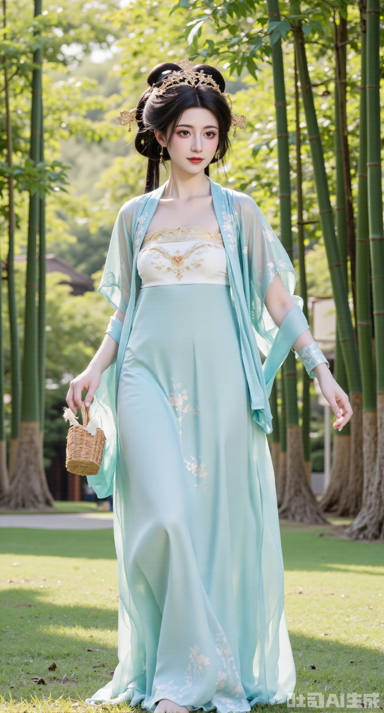 (masterpiece,best quality:1.23), A charming maiden in a delicate Qixiong Ruqun with a transparent outer layer and intricate floral embroidery, holding a small basket, walking through a bamboo forest, dappled sunlight, peaceful natural setting.
(huge breasts, full breasts:2.98),XyunxiaoYK,Xsonghanfu,XlingyuyxiuX,XlingyuyxiuX2,Xqinghannu,Xtangqixiongshanqun