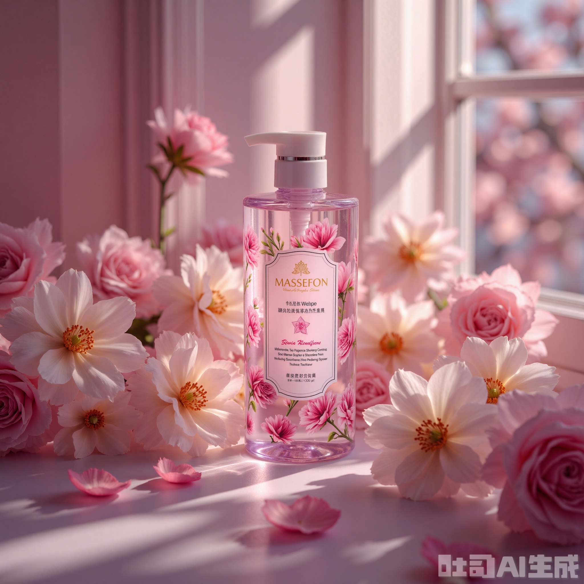 A masterpiece of photography style, high-end shampoo bottle, light luxury time, low-key quality, light mist, flowers, asymmetrical composition, blurred edges, light color light and dark changes, low light, multiple exposure, out-of-focus, ultra-wide Angle, strong perspective, shallow depth of field, high noise, strong film grain, diffusion and blurring, hazy aesthetics, surreal, vivid and perfect details, a masterpiece