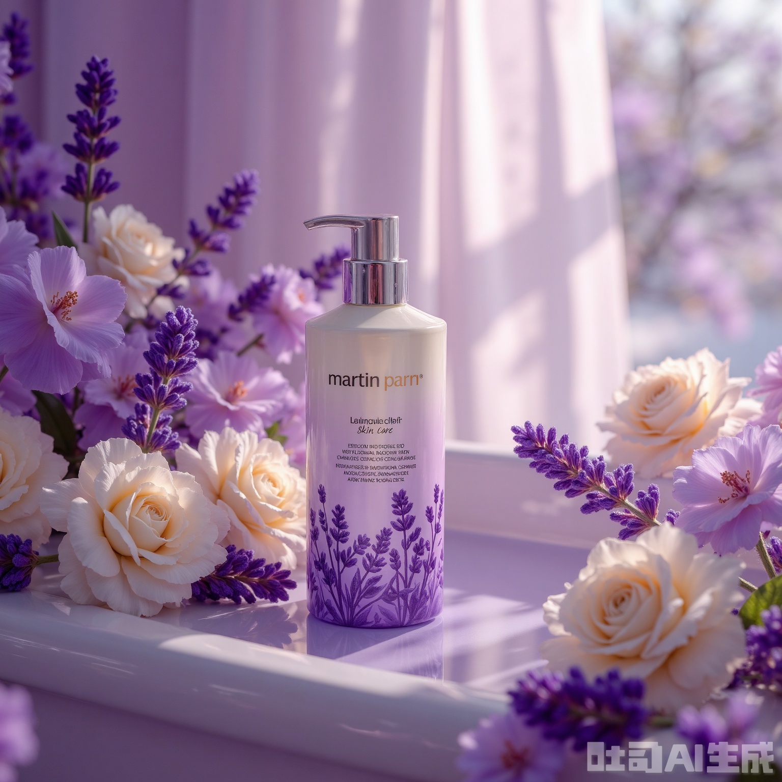 In the ad shot by Martin Parr, the theme is lavender, with a single color tone. A bottle of skin care products with a gradient of lavender and white is placed on a bathtub, decorated with lavender and white flowers, lavender is decorated next to it, and there are curtains hanging behind it, which are rendered with a Kodak lavender filter. The focus is on the lavender and white flowers close to the product, irises, and white roses, surrounding the bottle, and the side light outlines the edge of the bottle and the texture of the petals. The light and shadow outside the window shines softly through the white curtains. Shot from a high angle, romantic and soft tones are dotted in it, exuding a subtle and romantic floral narrative in a melancholy atmosphere.