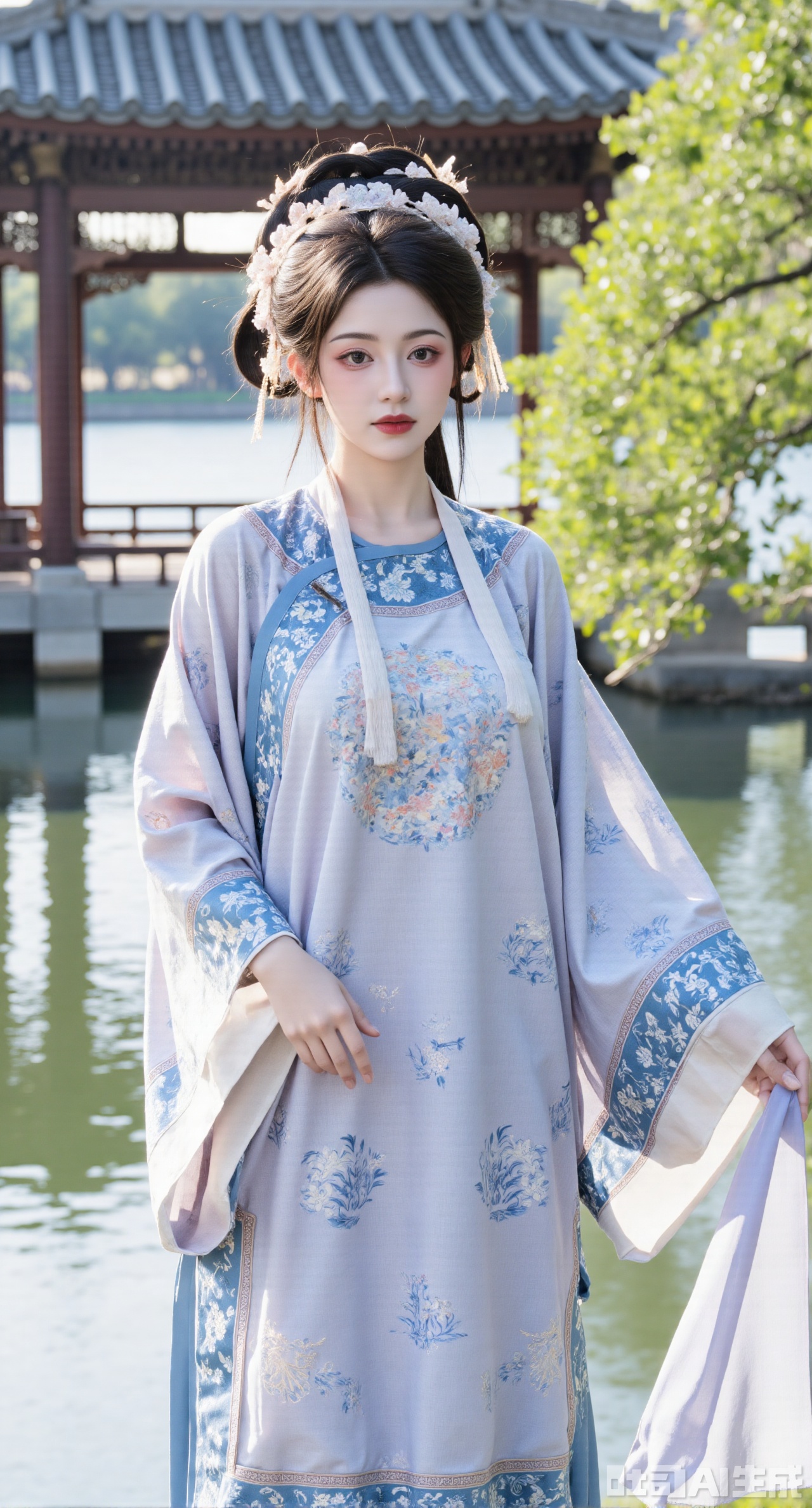 (masterpiece,best quality:1.23), girl in front-skirt hanfu with blue-and-white porcelain pattern, tassels, mandarin square, cloud shoulder, pavilion over stream background, gentle sunlight,(huge breasts, full breasts:2.98),Xhanfududou,Xsongzhihanfu,Xlujiajia,Xyanqingfei,XfuqingyunY,Xtangqixiongshanqun,Xfeitianhanfu,Xqinghannu,XmeijiX2,XmeijiX