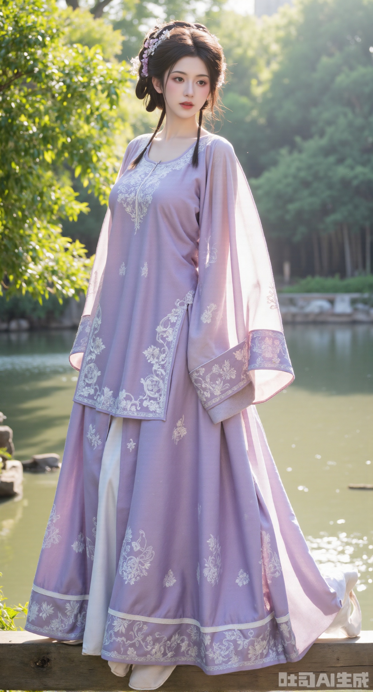(masterpiece,best quality:1.23),Long - legged and enchanting beauty in a purple long gown with a fairy - like glow, against a background of a quiet bamboo forest in the morning mist,(huge breasts, full breasts:2.98),Xhanfududou,Xsongzhihanfu,Xlujiajia,Xyanqingfei,XfuqingyunY,Xtangqixiongshanqun,Xfeitianhanfu,Xqinghannu,XmeijiX2,XmeijiX