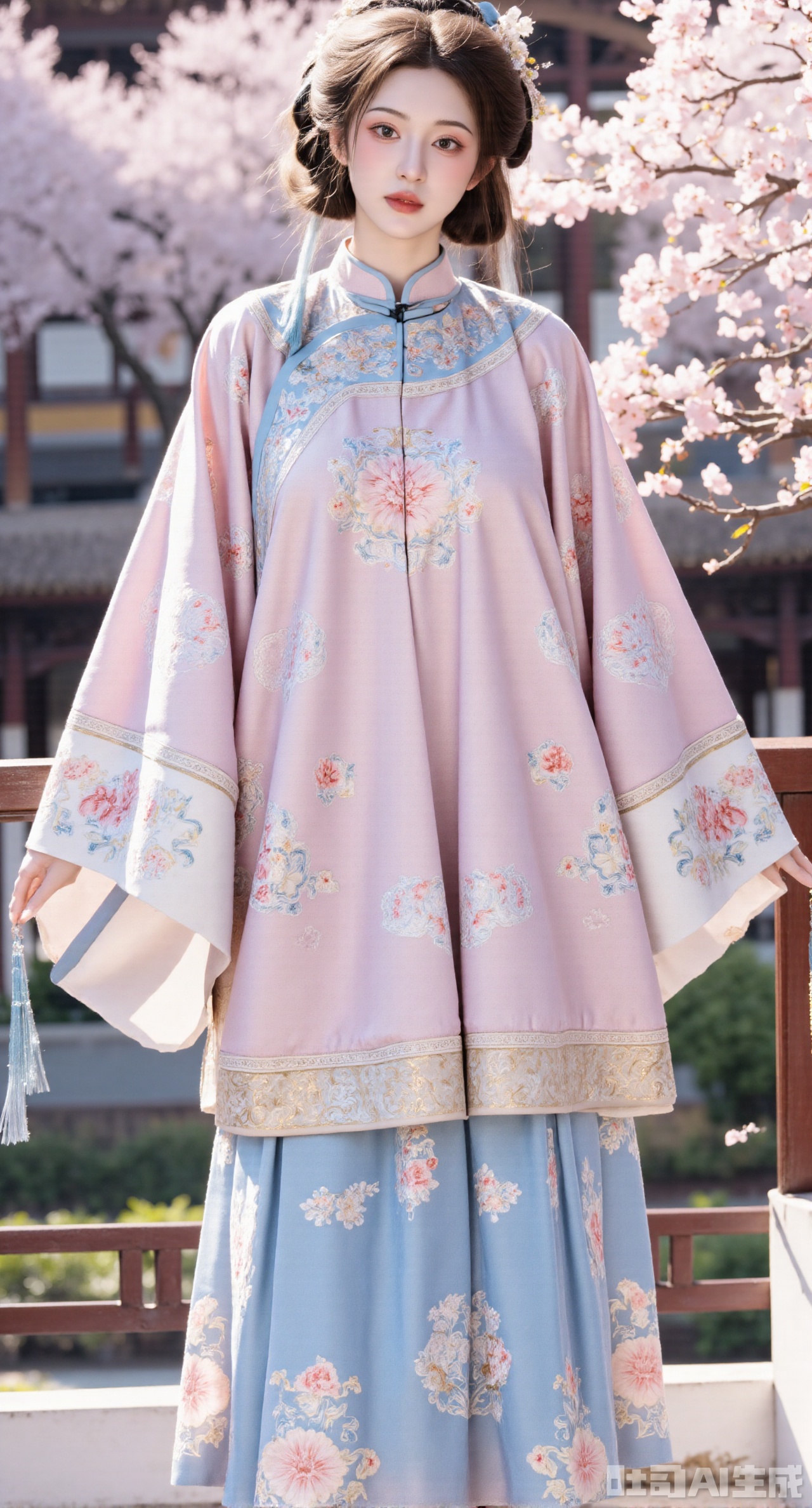 (masterpiece, best quality:1.23),A girl wearing Qing dynasty Han women's clothing. She wears a light - pink front - facing ao,with the body of the ao embroidered with delicate flower - and - bird embroidery in fine silk threads,with exquisite stitches. The collar and cuffs are decorated with ruyi cloud - pattern decorative edging,outlined in gold thread,shining brightly. Inside,she wears a white stand - collar undergarment,simple and elegant. She wears a blue horse - face skirt,and the brocade - weaving technique on the skirt shows lifelike auspicious crane patterns,meaning good luck. Her waist is tied with a light - blue silk ribbon,and the hanging tassels sway in the wind. The girl stands in an antique Chinese - style courtyard,beside a blooming Chinese flowering crabapple tree with petals falling. The picture presents a Chinese - style and ancient - rhyme atmosphere,and the background is blurred to highlight the girl's gentle temperament,(huge breasts, full breasts:2.98),,Xhanfududou,Xsongzhihanfu,Xlujiajia,Xyanqingfei,XfuqingyunY,Xtangqixiongshanqun,Xfeitianhanfu,Xqinghannu,XmeijiX2,XmeijiX