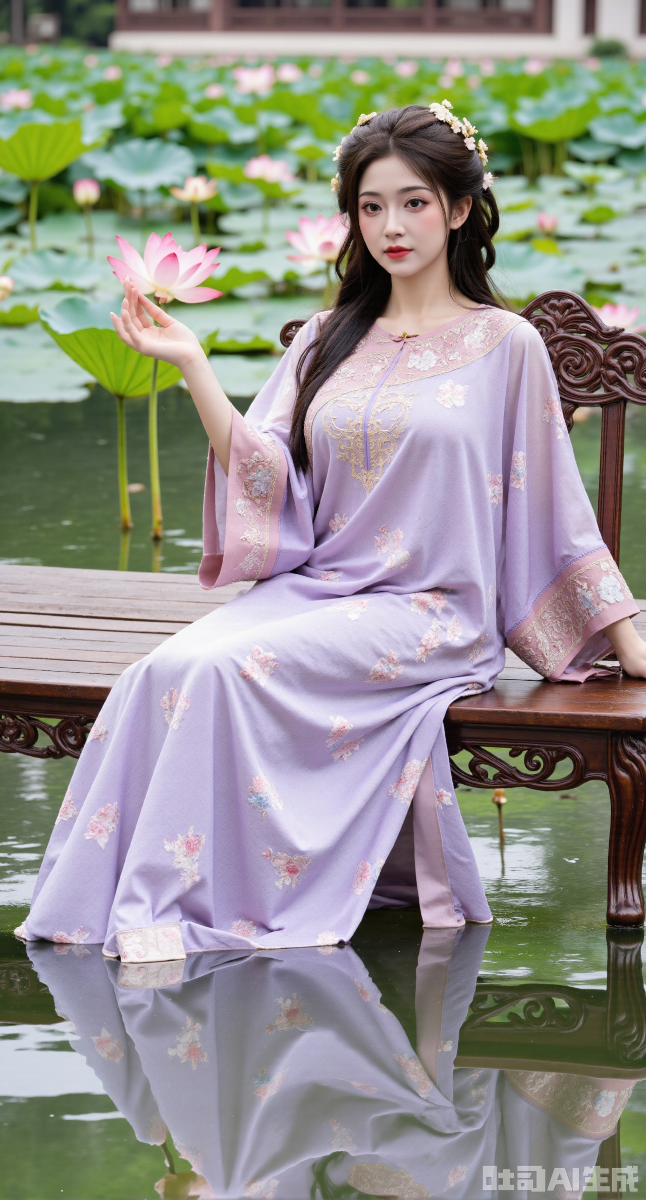 (masterpiece:1.2), best quality, A stunning young woman sits elegantly on a intricately carved wooden bench amidst a serene pond, surrounded by vibrant lily pads and lush greenery. She wears a exquisite purple and white dress with delicate pink and gold embroidery on the chest and short sleeves, paired with gold high heels. Her long, dark hair cascades in loose waves, framing her gentle face. One hand rests on her hip, while the other holds a majestic lotus, exuding tranquility. The background is a kaleidoscope of pink and white lotus flowers, set against a subtle traditional Chinese architectural backdrop, (huge breasts:2.99),(full breasts:2.99),(Background with traditional Chinese architecture, lotus pond and pink lotus flowers:1.59)Xhanfududou,Xsongzhihanfu,Xlujiajia,Xyanqingfei,XfuqingyunY,Xtangqixiongshanqun,Xfeitianhanfu,Xqinghannu,XmeijiX2,XmeijiX