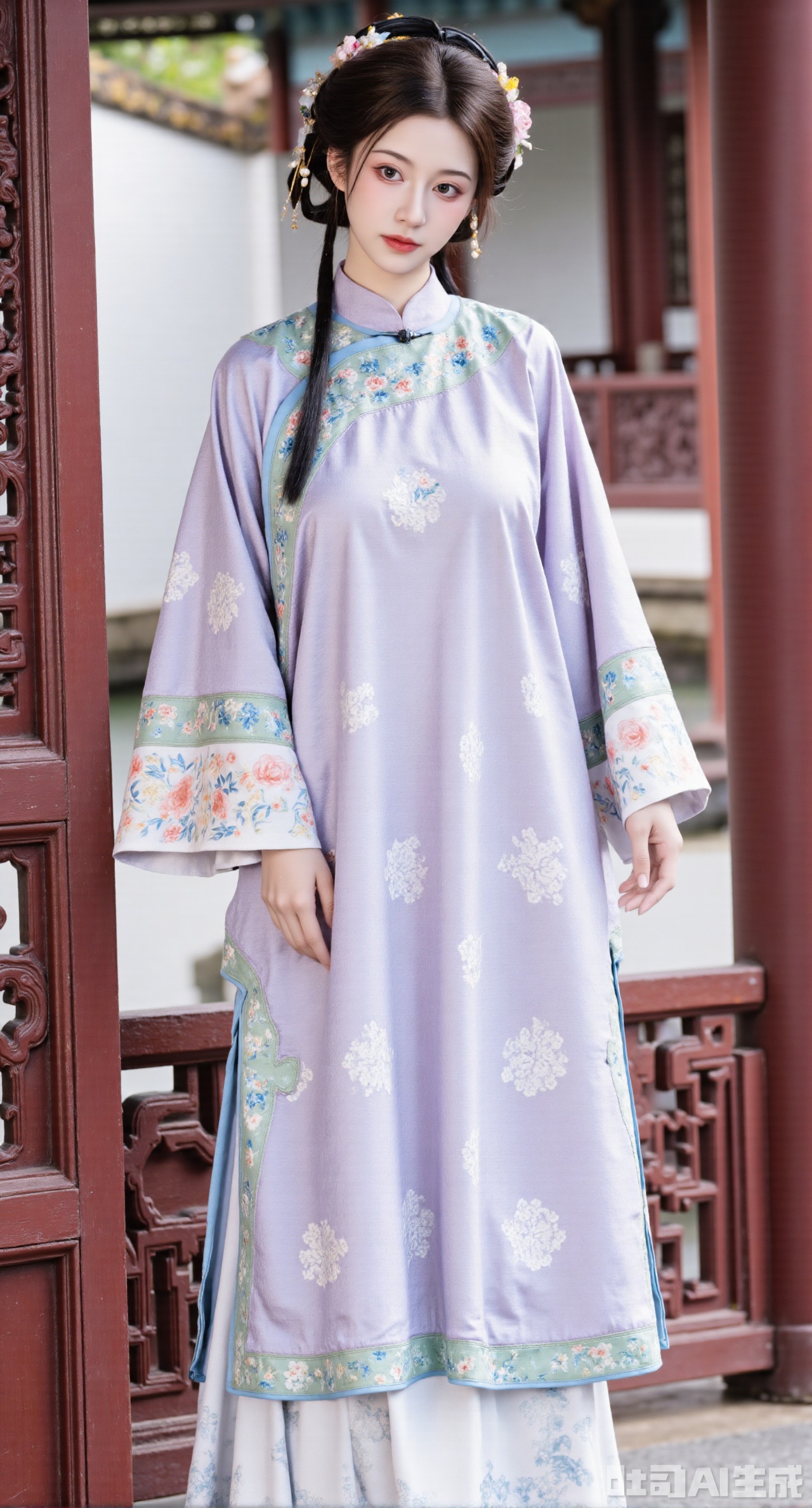 (masterpiece, best quality:1.23),A girl in ancient - style clothing with the style of Qing - dynasty Han - women's aoqun. She wears a light - blue side cardigan,with delicate pankou buttons arranged at the front,like pearls. The body of the ao is woven with elegant bamboo - leaf patterns through the jacquard technique,fresh and refined. The cuffs are edged with light - green piping,adding a bit of liveliness. Paired with a white mamian qun,the skirt door is embroidered with Blue and white porcelain pattern,with delicate brushstrokes,showing elegance. The girl wears a light - purple cloud shoulder,embroidered with colorful flowers,gorgeous and delicate. Standing under the corridor of a Chinese - style garden,the red - painted wooden columns and carved railings of the corridor complement each other. The picture is full of traditional charm,and the background is blurred to highlight the girl's elegance,(huge breasts, full breasts:2.98),Xhanfududou,Xsongzhihanfu,Xlujiajia,Xyanqingfei,XfuqingyunY,Xtangqixiongshanqun,Xfeitianhanfu,Xqinghannu,XmeijiX2,XmeijiX