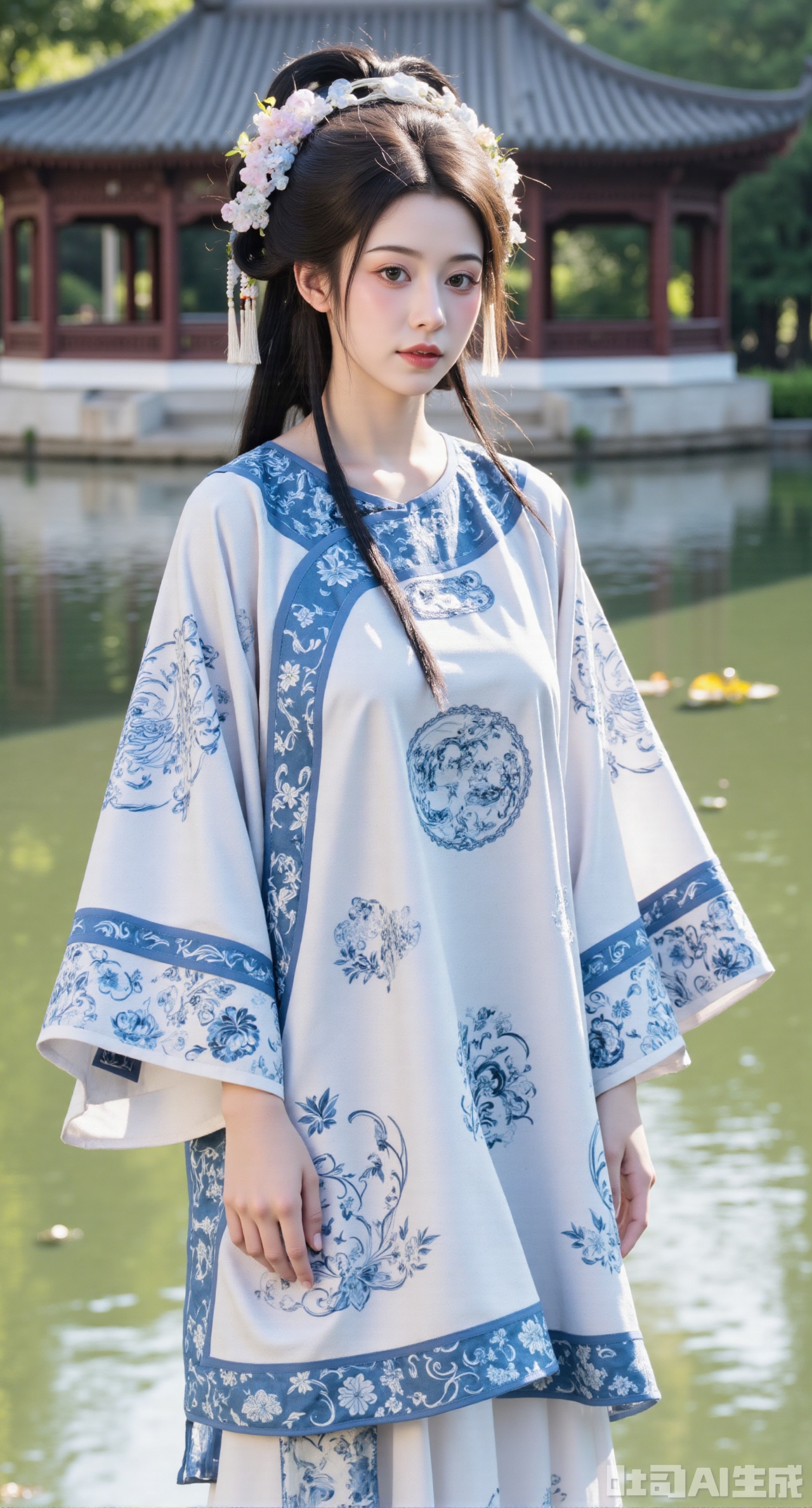 (masterpiece,best quality:1.23),girl in front-skirt hanfu with blue-and-white porcelain pattern,tassels,mandarin square,cloud shoulder,pavilion over stream background,gentle sunlight,(huge breasts, full breasts:2.98),(huge breasts, full breasts:2.98),Xhanfududou,Xsongzhihanfu,Xlujiajia,Xyanqingfei,XfuqingyunY,Xtangqixiongshanqun,Xfeitianhanfu,Xqinghannu,XmeijiX2,XmeijiX