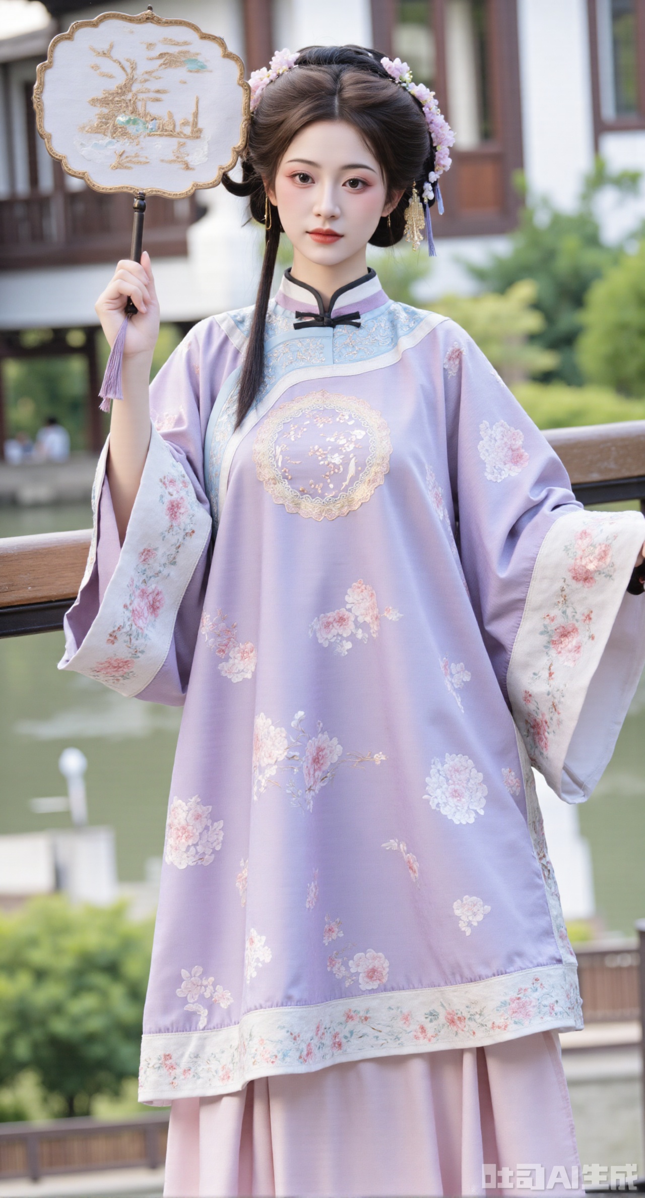 Xqinghannu,Xbigbreasts,Xsoffocus,Xliumengru,Xsongzhihanfu,Xqinghannu,(masterpiece, best quality:1.23),A girl in Chinese - style clothing wearing Qing - dynasty Han - women's aoqun. She wears a light - purple ao shan, with the button loops at the front - facing part designed uniquely, shaped like plum blossoms. The ao is embroidered with light - blue narcissus patterns, fresh and refined. The collar is a stand collar, inlaid with a circle of light - pink lace, adding a bit of softness. Paired with a light - pink mamian qun, the skirt door is embroidered with golden ruyi cloud patterns, meaning good luck. The girl holds a sandalwood folding fan with a landscape painting on the fan surface. Standing beside the pavilions and towers in a Chinese - style garden, surrounded by a profusion of flowers, the picture has a bright color, and the background is blurred to highlight the girl's agility,(huge breasts, full breasts:2.98)(masterpiece, best quality:1.23),A girl in Chinese - style clothing wearing Qing - dynasty Han - women's aoqun. She wears a light - purple ao shan, with the button loops at the front - facing part designed uniquely, shaped like plum blossoms. The ao is embroidered with light - blue narcissus patterns, fresh and refined. The collar is a stand collar, inlaid with a circle of light - pink lace, adding a bit of softness. Paired with a light - pink mamian qun, the skirt door is embroidered with golden ruyi cloud patterns, meaning good luck. The girl holds a sandalwood folding fan with a landscape painting on the fan surface. Standing beside the pavilions and towers in a Chinese - style garden, surrounded by a profusion of flowers, the picture has a bright color, and the background is blurred to highlight the girl's agility,(huge breasts, full breasts:2.98)Xhanfududou,Xsongzhihanfu,Xlujiajia,Xyanqingfei,XfuqingyunY,Xtangqixiongshanqun,Xfeitianhanfu,Xqinghannu,XmeijiX2,XmeijiX