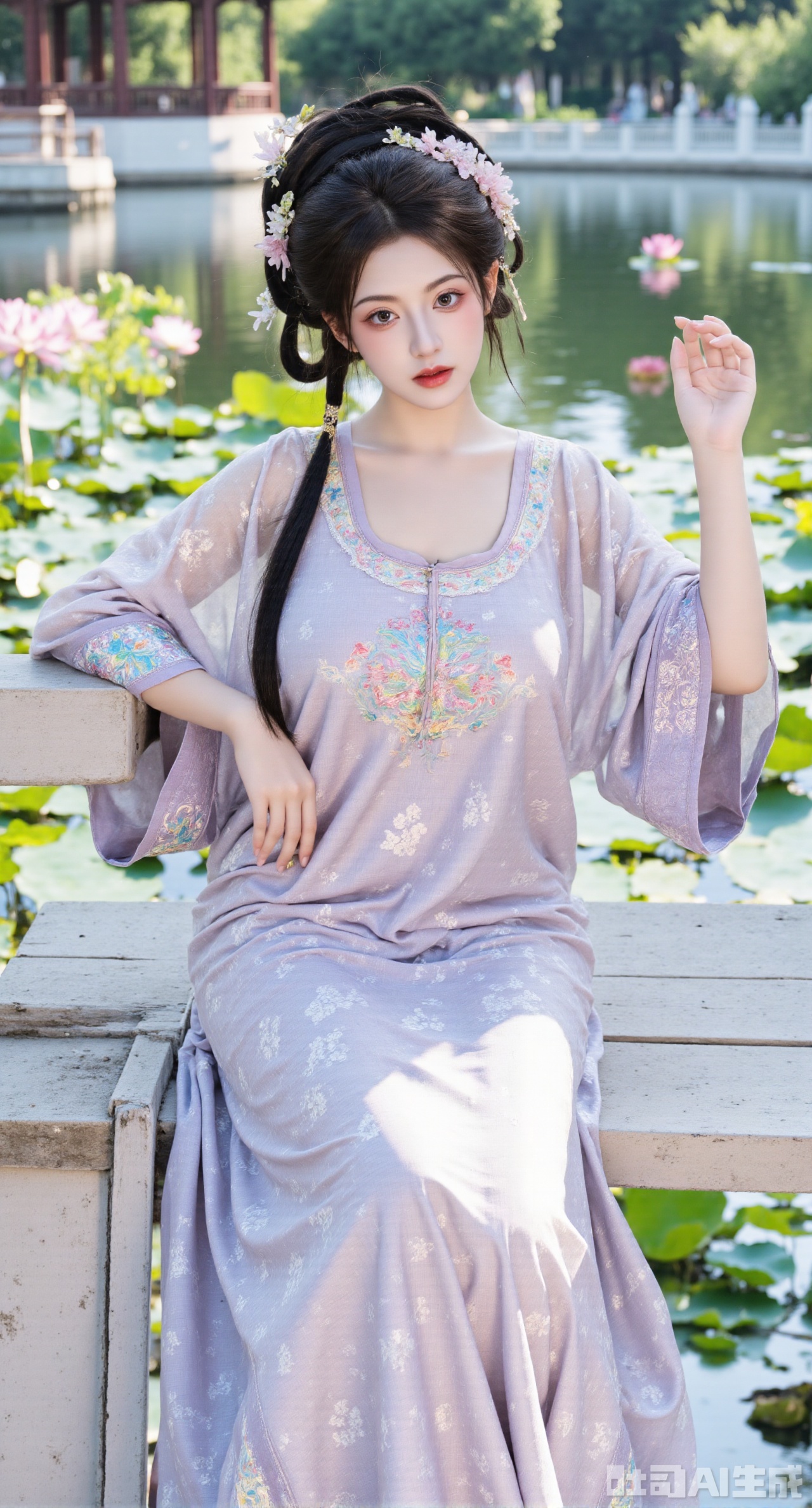 (masterpiece, best quality:1.2),1girl, navel, solo, midriff, bare shoulders, hair ornament, flower, hair flower, black hair, red lips,BREAK, (looking at viewer:1.39), chinese clothes,(Holographic long dress:1.39), (lace,Rainbow Gradient Color:1.29),BREAK,purple eyes,blurry, solo focus, long hair, lips, daytime, lipstick, outdoors, (upper body,,Long legs:1.29), blurry,(huge breasts,full breasts:2.41), background, 1girl, makeup, hair bun,(Blue sky:1.39),(Suzhou Garden Lotus Pond,lotus,Lotus Leaf:1.39),(huge breasts:2.99),(full breasts:2.99),(Background with traditional Chinese architecture, lotus pond and lotus flowers:1.39),Xhanfududou,Xsongzhihanfu,Xlujiajia,Xyanqingfei,XfuqingyunY,Xtangqixiongshanqun,Xfeitianhanfu,Xqinghannu,XmeijiX2,XmeijiX