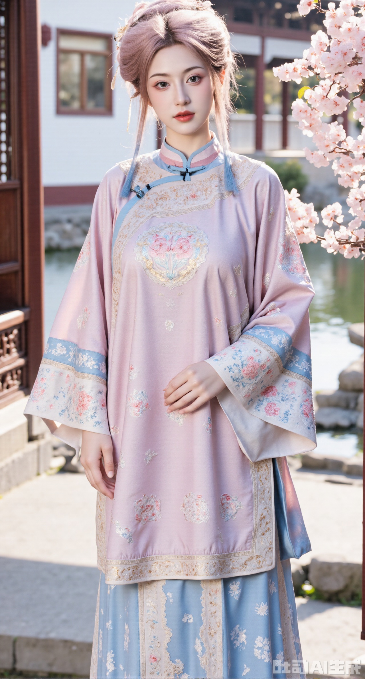 (masterpiece, best quality:1.23),A girl wearing Qing dynasty Han women's clothing. She wears a light - pink front - facing ao,with the body of the ao embroidered with delicate flower - and - bird embroidery in fine silk threads,with exquisite stitches. The collar and cuffs are decorated with ruyi cloud - pattern decorative edging,outlined in gold thread,shining brightly. Inside,she wears a white stand - collar undergarment,simple and elegant. She wears a blue horse - face skirt,and the brocade - weaving technique on the skirt shows lifelike auspicious crane patterns,meaning good luck. Her waist is tied with a light - blue silk ribbon,and the hanging tassels sway in the wind. The girl stands in an antique Chinese - style courtyard,beside a blooming Chinese flowering crabapple tree with petals falling. The picture presents a Chinese - style and ancient - rhyme atmosphere,and the background is blurred to highlight the girl's gentle temperament,(huge breasts, full breasts:2.98),,Xhanfududou,Xsongzhihanfu,Xlujiajia,Xyanqingfei,XfuqingyunY,Xtangqixiongshanqun,Xfeitianhanfu,Xqinghannu,XmeijiX2,XmeijiX