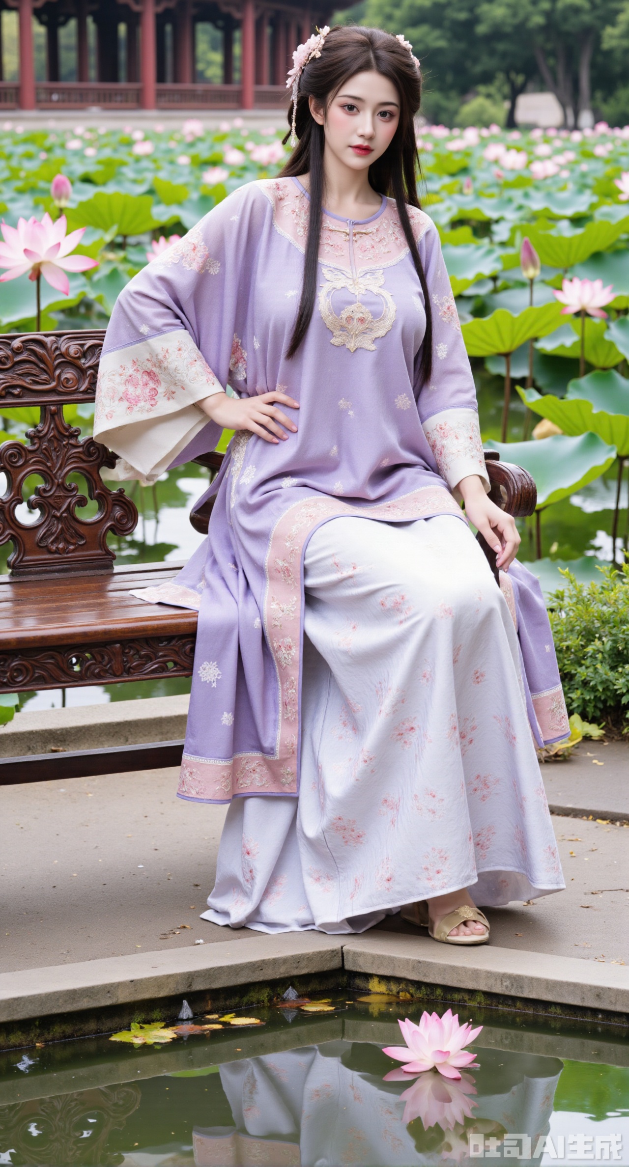 (masterpiece:1.2), best quality, A stunning young woman sits elegantly on a intricately carved wooden bench amidst a serene pond, surrounded by vibrant lily pads and lush greenery. She wears a exquisite purple and white dress with delicate pink and gold embroidery on the chest and short sleeves, paired with gold high heels. Her long, dark hair cascades in loose waves, framing her gentle face. One hand rests on her hip, while the other holds a majestic lotus, exuding tranquility. The background is a kaleidoscope of pink and white lotus flowers, set against a subtle traditional Chinese architectural backdrop, (huge breasts:2.99),(full breasts:2.99),(Background with traditional Chinese architecture, lotus pond and pink lotus flowers:1.59)Xhanfududou,Xsongzhihanfu,Xlujiajia,Xyanqingfei,XfuqingyunY,Xtangqixiongshanqun,Xfeitianhanfu,Xqinghannu,XmeijiX2,XmeijiX