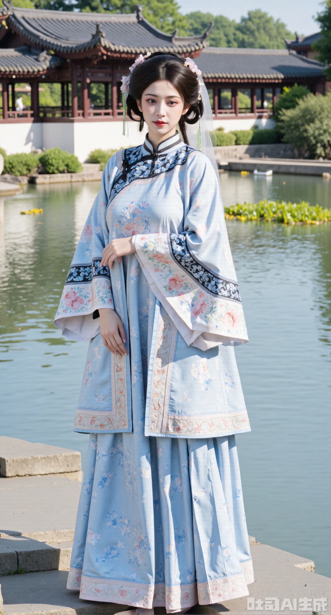 (masterpiece,best quality:1.23), girl in front-skirt hanfu with blue-and-white porcelain pattern, tassels, mandarin square, cloud shoulder, pavilion over stream background, gentle sunlight,(huge breasts, full breasts:2.98),Xhanfududou,Xsongzhihanfu,Xlujiajia,Xyanqingfei,XfuqingyunY,Xtangqixiongshanqun,Xfeitianhanfu,Xqinghannu,XmeijiX2,XmeijiX