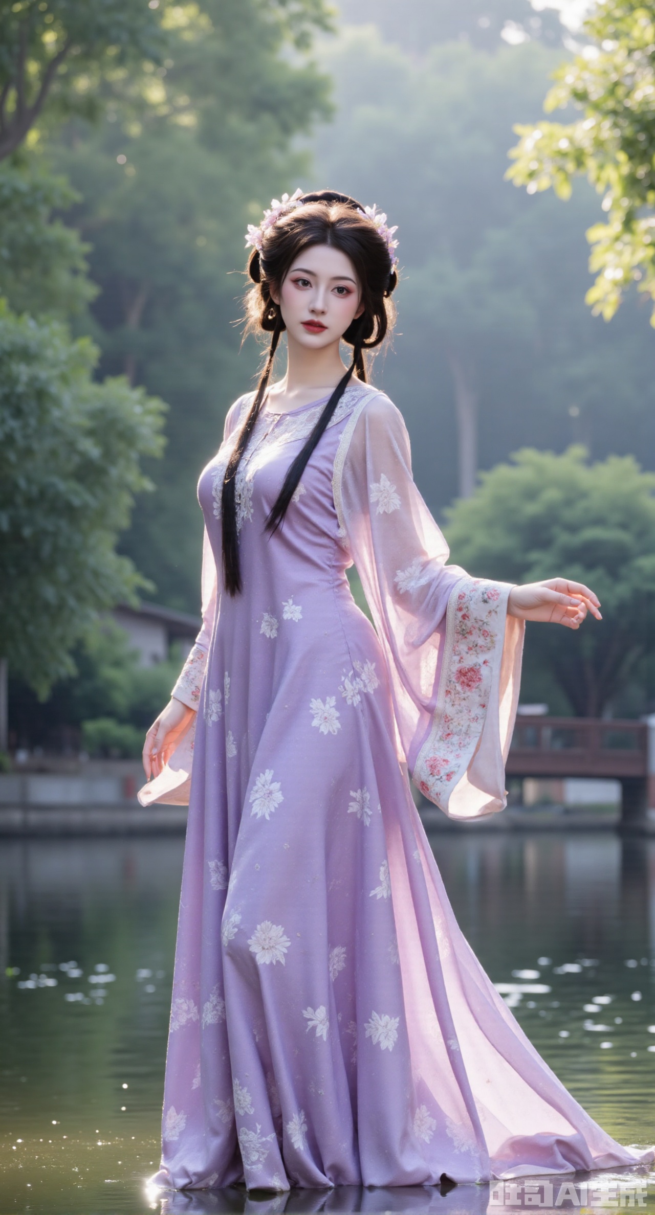 (masterpiece,best quality:1.23),Long - legged and enchanting beauty in a purple long gown with a fairy - like glow, against a background of a quiet bamboo forest in the morning mist,(huge breasts, full breasts:2.98),Xhanfududou,Xsongzhihanfu,Xlujiajia,Xyanqingfei,XfuqingyunY,Xtangqixiongshanqun,Xfeitianhanfu,Xqinghannu,XmeijiX2,XmeijiX