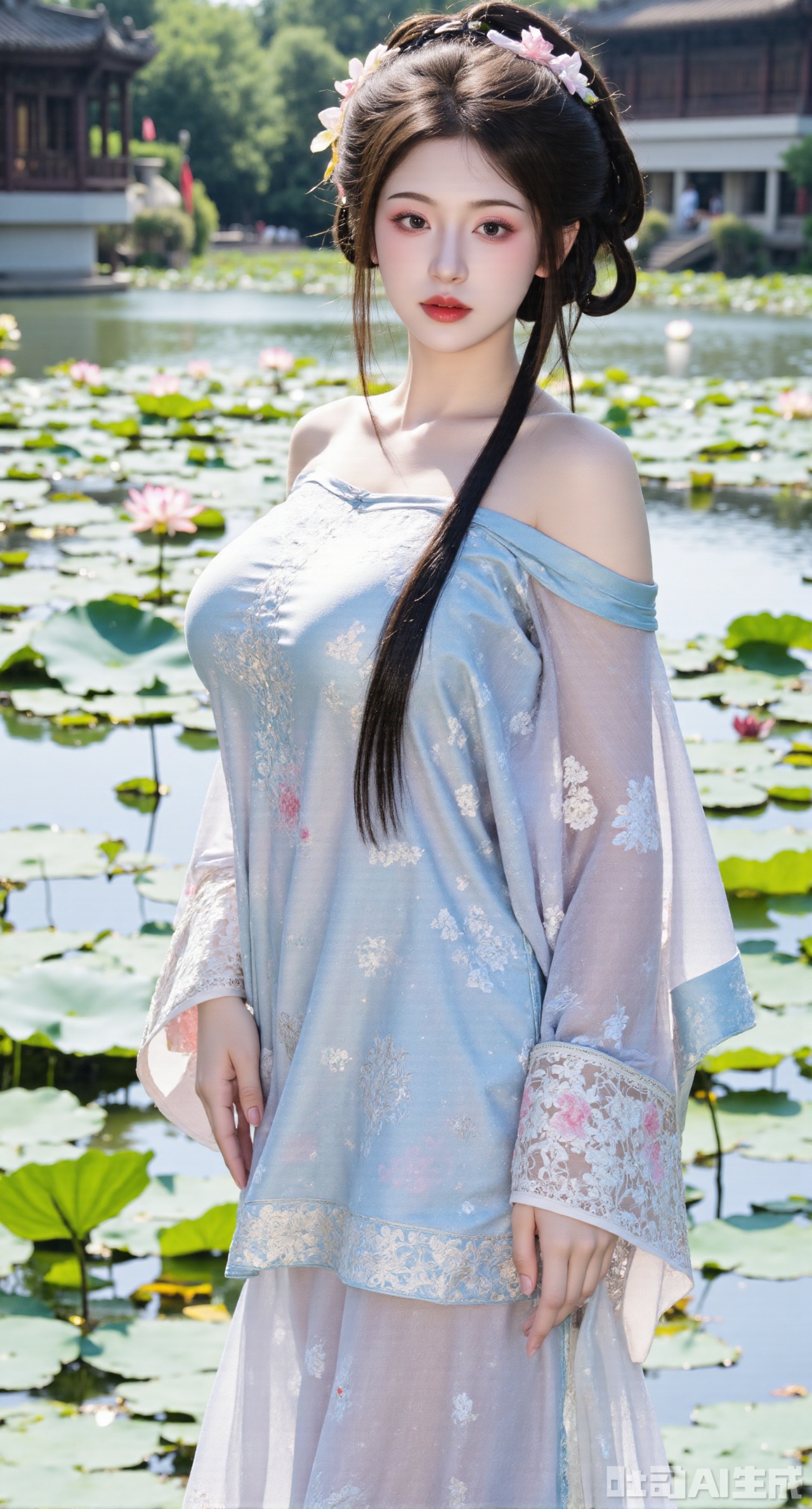 (masterpiece, best quality:1.2),1girl, navel, solo, midriff, bare shoulders, hair ornament, flower, hair flower, black hair, red lips,BREAK, (looking at viewer:1.39), chinese clothes,(Holographic long dress:1.39), (lace,Rainbow Gradient Color:1.29),BREAK,purple eyes,blurry, solo focus, long hair, lips, daytime, lipstick, outdoors, (upper body,,Long legs:1.29), blurry,(huge breasts,full breasts:2.41), background, 1girl, makeup, hair bun,(Blue sky:1.39),(Suzhou Garden Lotus Pond,lotus,Lotus Leaf:1.39),(huge breasts:2.99),(full breasts:2.99),(Background with traditional Chinese architecture, lotus pond and lotus flowers:1.39),Xhanfududou,Xsongzhihanfu,Xlujiajia,Xyanqingfei,XfuqingyunY,Xtangqixiongshanqun,Xfeitianhanfu,Xqinghannu,XmeijiX2,XmeijiX