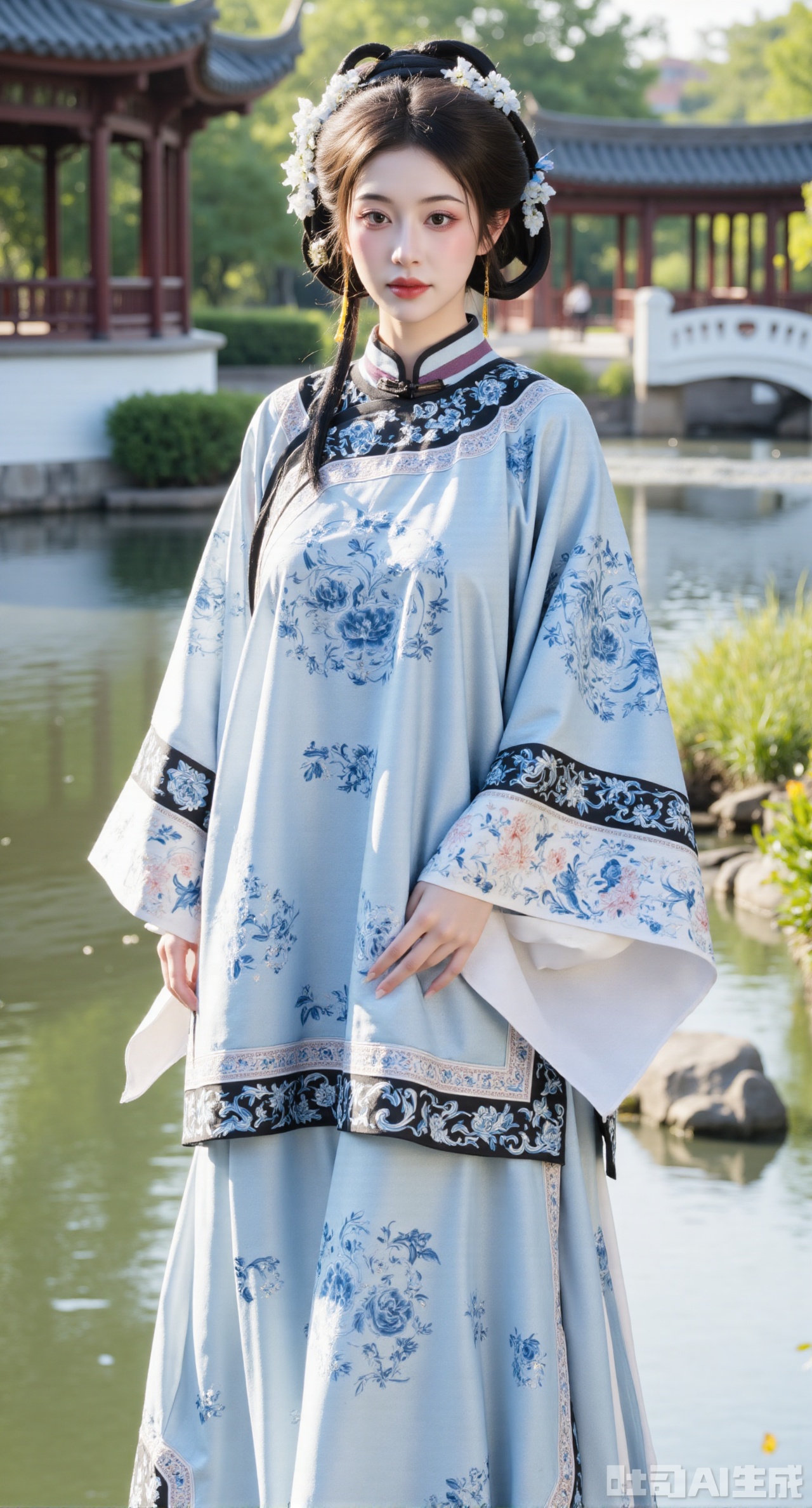 (masterpiece,best quality:1.23),girl in front-skirt hanfu with blue-and-white porcelain pattern,tassels,mandarin square,cloud shoulder,pavilion over stream background,gentle sunlight,(huge breasts, full breasts:2.98),(huge breasts, full breasts:2.98),Xhanfududou,Xsongzhihanfu,Xlujiajia,Xyanqingfei,XfuqingyunY,Xtangqixiongshanqun,Xfeitianhanfu,Xqinghannu,XmeijiX2,XmeijiX
