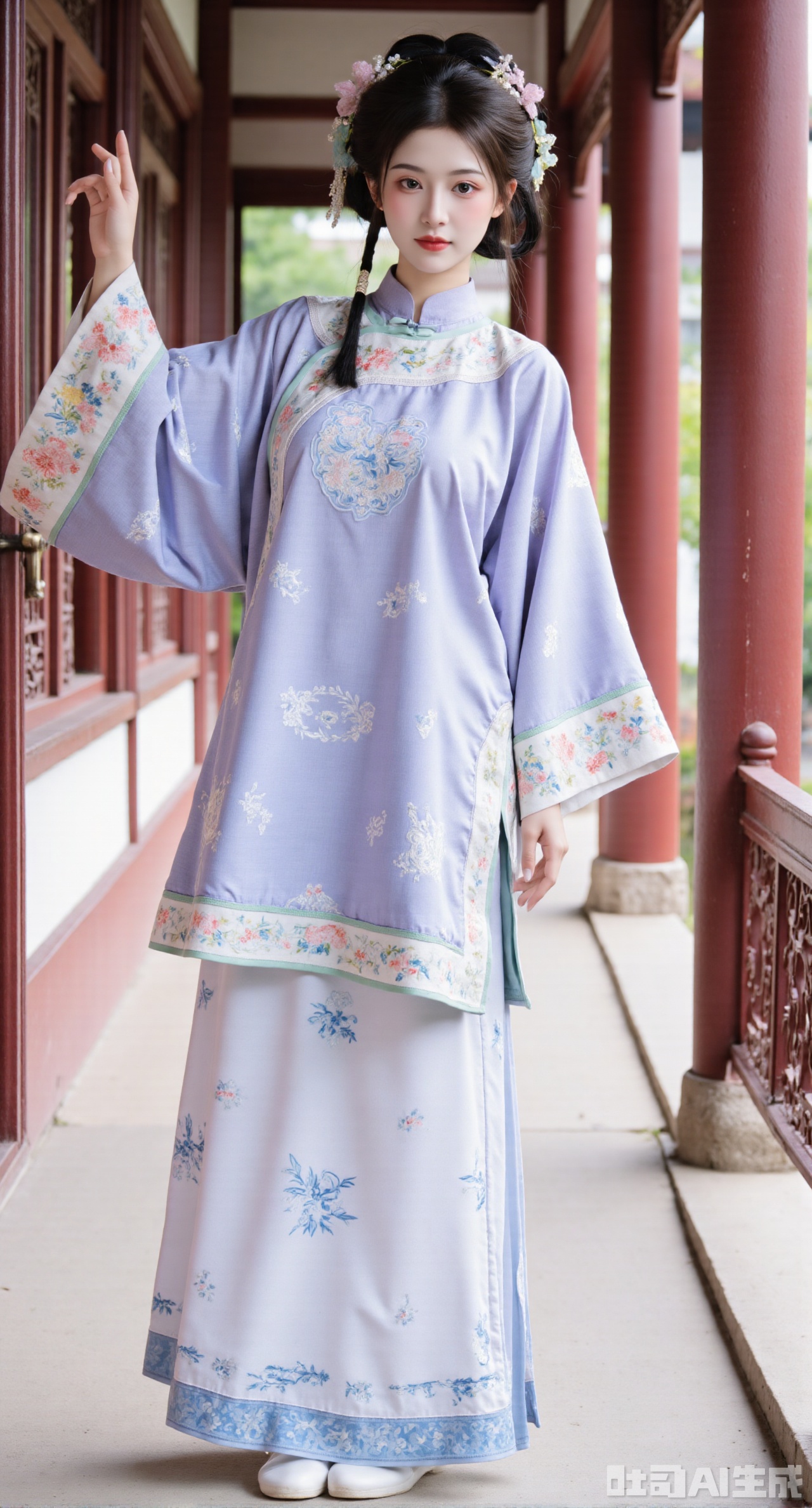 (masterpiece, best quality:1.23),A girl in ancient - style clothing with the style of Qing - dynasty Han - women's aoqun. She wears a light - blue side cardigan,with delicate pankou buttons arranged at the front,like pearls. The body of the ao is woven with elegant bamboo - leaf patterns through the jacquard technique,fresh and refined. The cuffs are edged with light - green piping,adding a bit of liveliness. Paired with a white mamian qun,the skirt door is embroidered with Blue and white porcelain pattern,with delicate brushstrokes,showing elegance. The girl wears a light - purple cloud shoulder,embroidered with colorful flowers,gorgeous and delicate. Standing under the corridor of a Chinese - style garden,the red - painted wooden columns and carved railings of the corridor complement each other. The picture is full of traditional charm,and the background is blurred to highlight the girl's elegance,(huge breasts, full breasts:2.98),Xhanfududou,Xsongzhihanfu,Xlujiajia,Xyanqingfei,XfuqingyunY,Xtangqixiongshanqun,Xfeitianhanfu,Xqinghannu,XmeijiX2,XmeijiX