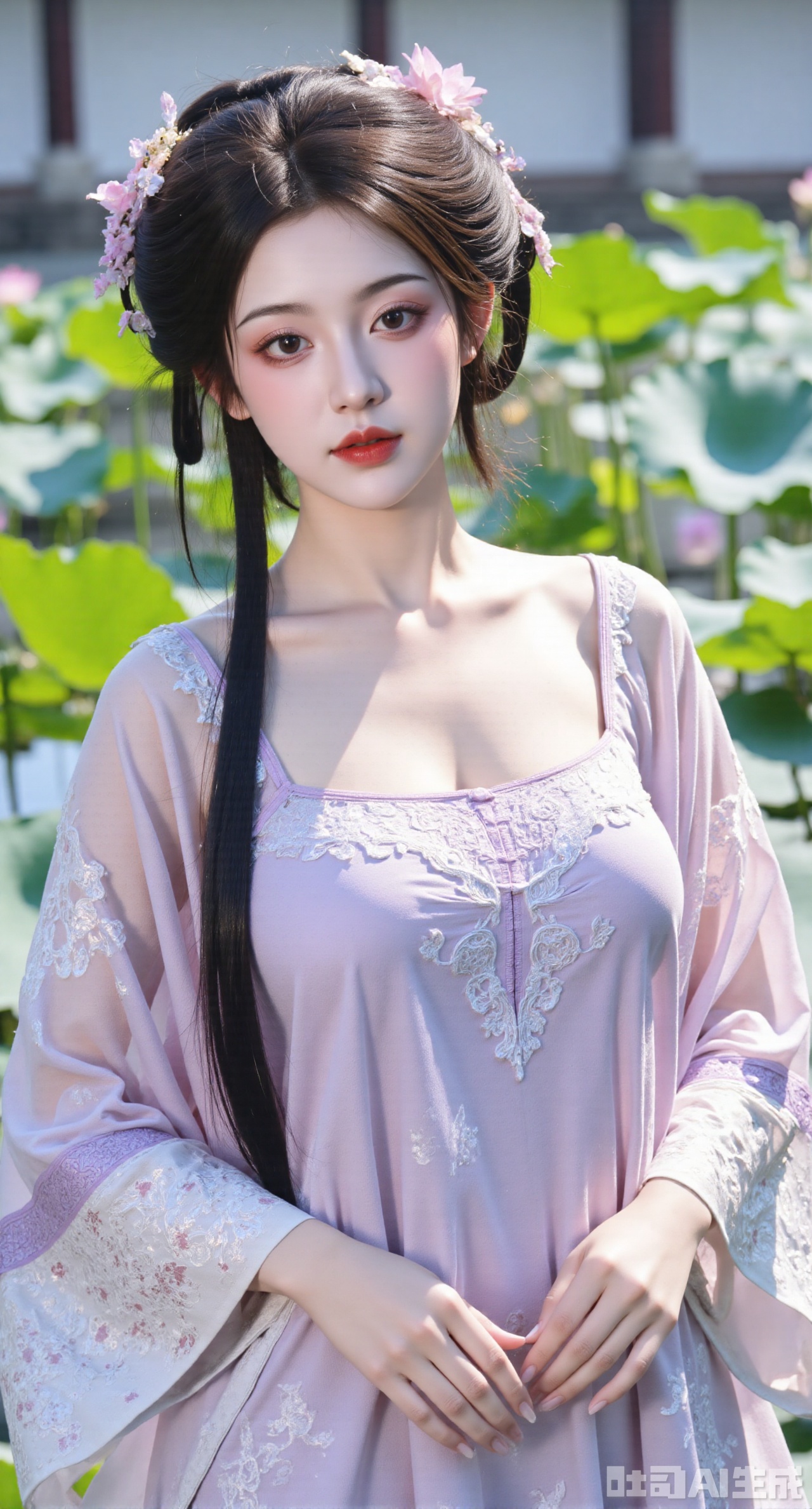 (masterpiece, best quality:1.2),1girl, navel, solo, midriff, bare shoulders, hair ornament, flower, hair flower, black hair, red lips,BREAK, (looking at viewer:1.39), chinese clothes,(Holographic long dress:1.39), (lace,Rainbow Gradient Color:1.29),BREAK,purple eyes,blurry, solo focus, long hair, lips, daytime, lipstick, outdoors, (upper body,,Long legs:1.29), blurry,(huge breasts,full breasts:2.41), background, 1girl, makeup, hair bun,(Blue sky:1.39),(Suzhou Garden Lotus Pond,lotus,Lotus Leaf:1.39),(huge breasts:2.99),(full breasts:2.99),(Background with traditional Chinese architecture, lotus pond and lotus flowers:1.39),Xhanfududou,Xsongzhihanfu,Xlujiajia,Xyanqingfei,XfuqingyunY,Xtangqixiongshanqun,Xfeitianhanfu,Xqinghannu,XmeijiX2,XmeijiX