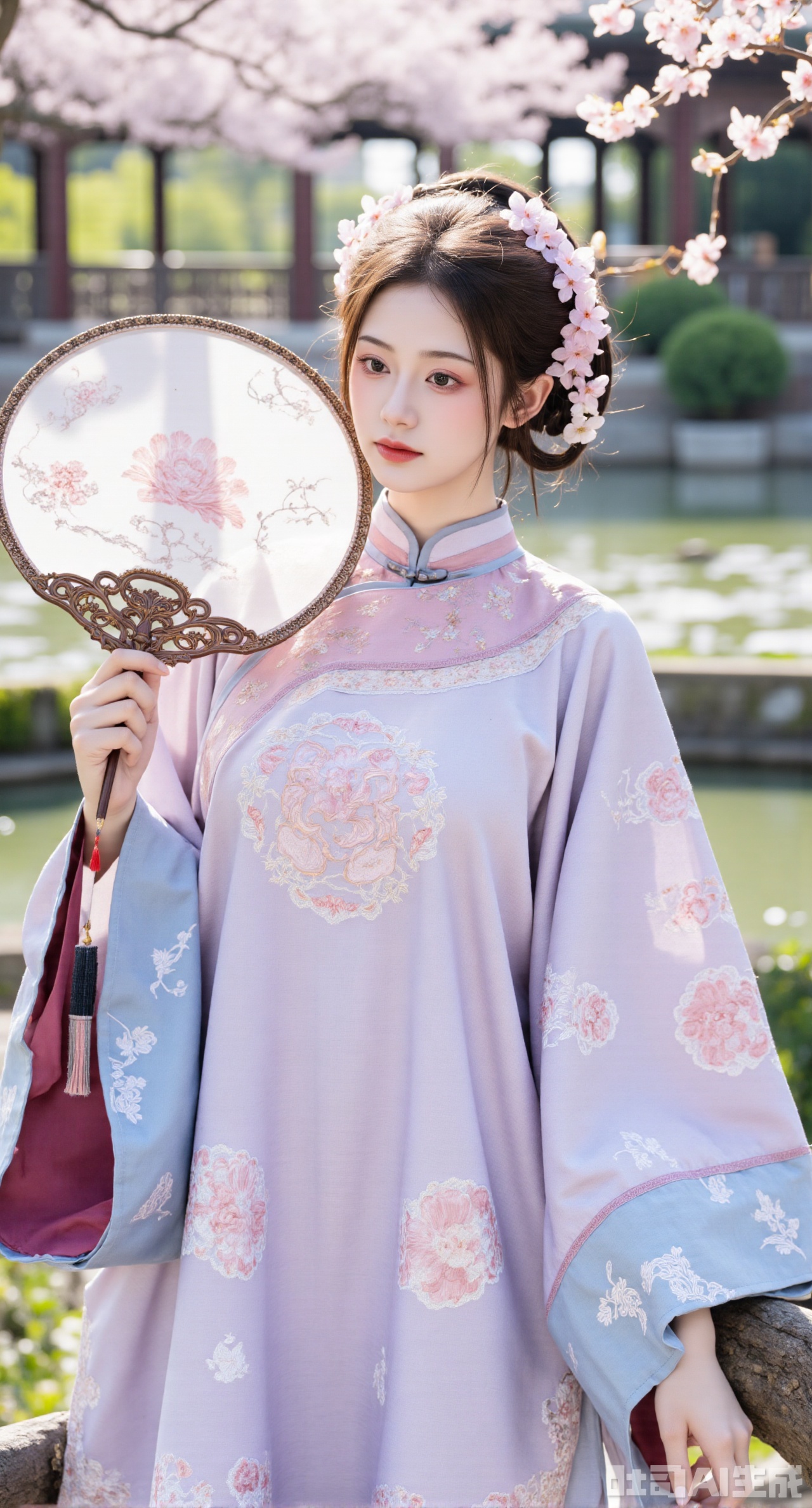 Xqinghannu,Xbigbreasts,Xsoffocus,Xliumengru,Xsongzhihanfu,Xqinghannu,(masterpiece, best quality:1.23),A girl in Chinese - style clothing wearing Qing - dynasty Han - women's aoqun. She wears a light - purple ao shan, with the button loops at the front - facing part designed uniquely, shaped like plum blossoms. The ao is embroidered with light - blue narcissus patterns, fresh and refined. The collar is a stand collar, inlaid with a circle of light - pink lace, adding a bit of softness. Paired with a light - pink mamian qun, the skirt door is embroidered with golden ruyi cloud patterns, meaning good luck. The girl holds a sandalwood folding fan with a landscape painting on the fan surface. Standing beside the pavilions and towers in a Chinese - style garden, surrounded by a profusion of flowers, the picture has a bright color, and the background is blurred to highlight the girl's agility,(huge breasts, full breasts:2.98)(masterpiece, best quality:1.23),A girl in Chinese - style clothing wearing Qing - dynasty Han - women's aoqun. She wears a light - purple ao shan, with the button loops at the front - facing part designed uniquely, shaped like plum blossoms. The ao is embroidered with light - blue narcissus patterns, fresh and refined. The collar is a stand collar, inlaid with a circle of light - pink lace, adding a bit of softness. Paired with a light - pink mamian qun, the skirt door is embroidered with golden ruyi cloud patterns, meaning good luck. The girl holds a sandalwood folding fan with a landscape painting on the fan surface. Standing beside the pavilions and towers in a Chinese - style garden, surrounded by a profusion of flowers, the picture has a bright color, and the background is blurred to highlight the girl's agility,(huge breasts, full breasts:2.98)Xhanfududou,Xsongzhihanfu,Xlujiajia,Xyanqingfei,XfuqingyunY,Xtangqixiongshanqun,Xfeitianhanfu,Xqinghannu,XmeijiX2,XmeijiX