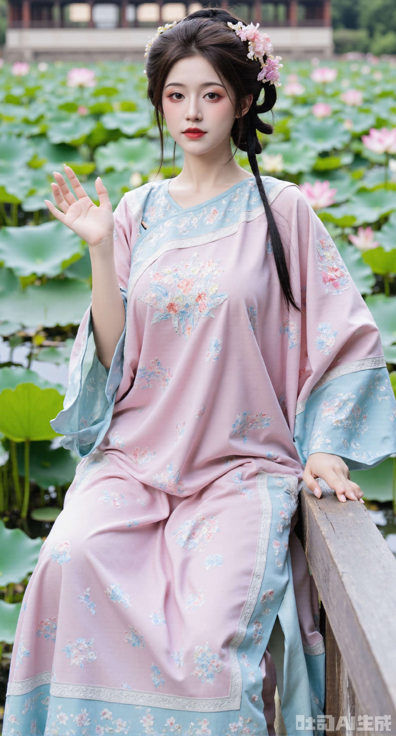 (masterpiece, best quality:1.2),1girl, navel, solo, midriff, bare shoulders, hair ornament, flower, hair flower, black hair, red lips,BREAK, (looking at viewer:1.39), chinese clothes,(Holographic long dress:1.39), (lace,Rainbow Gradient Color:1.29),BREAK,purple eyes,blurry, solo focus, long hair, lips, daytime, lipstick, outdoors, (upper body,,Long legs:1.29), blurry,(huge breasts,full breasts:2.41), background, 1girl, makeup, hair bun,(Blue sky:1.39),(Suzhou Garden Lotus Pond,lotus,Lotus Leaf:1.39),(huge breasts:2.99),(full breasts:2.99),(Background with traditional Chinese architecture, lotus pond and lotus flowers:1.39),Xhanfududou,Xsongzhihanfu,Xlujiajia,Xyanqingfei,XfuqingyunY,Xtangqixiongshanqun,Xfeitianhanfu,Xqinghannu,XmeijiX2,XmeijiX