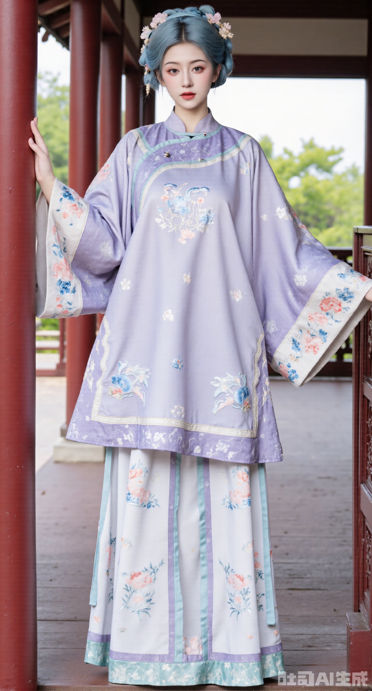 (masterpiece, best quality:1.23),A girl in ancient - style clothing with the style of Qing - dynasty Han - women's aoqun. She wears a light - blue side cardigan,with delicate pankou buttons arranged at the front,like pearls. The body of the ao is woven with elegant bamboo - leaf patterns through the jacquard technique,fresh and refined. The cuffs are edged with light - green piping,adding a bit of liveliness. Paired with a white mamian qun,the skirt door is embroidered with Blue and white porcelain pattern,with delicate brushstrokes,showing elegance. The girl wears a light - purple cloud shoulder,embroidered with colorful flowers,gorgeous and delicate. Standing under the corridor of a Chinese - style garden,the red - painted wooden columns and carved railings of the corridor complement each other. The picture is full of traditional charm,and the background is blurred to highlight the girl's elegance,(huge breasts, full breasts:2.98),Xhanfududou,Xsongzhihanfu,Xlujiajia,Xyanqingfei,XfuqingyunY,Xtangqixiongshanqun,Xfeitianhanfu,Xqinghannu,XmeijiX2,XmeijiX