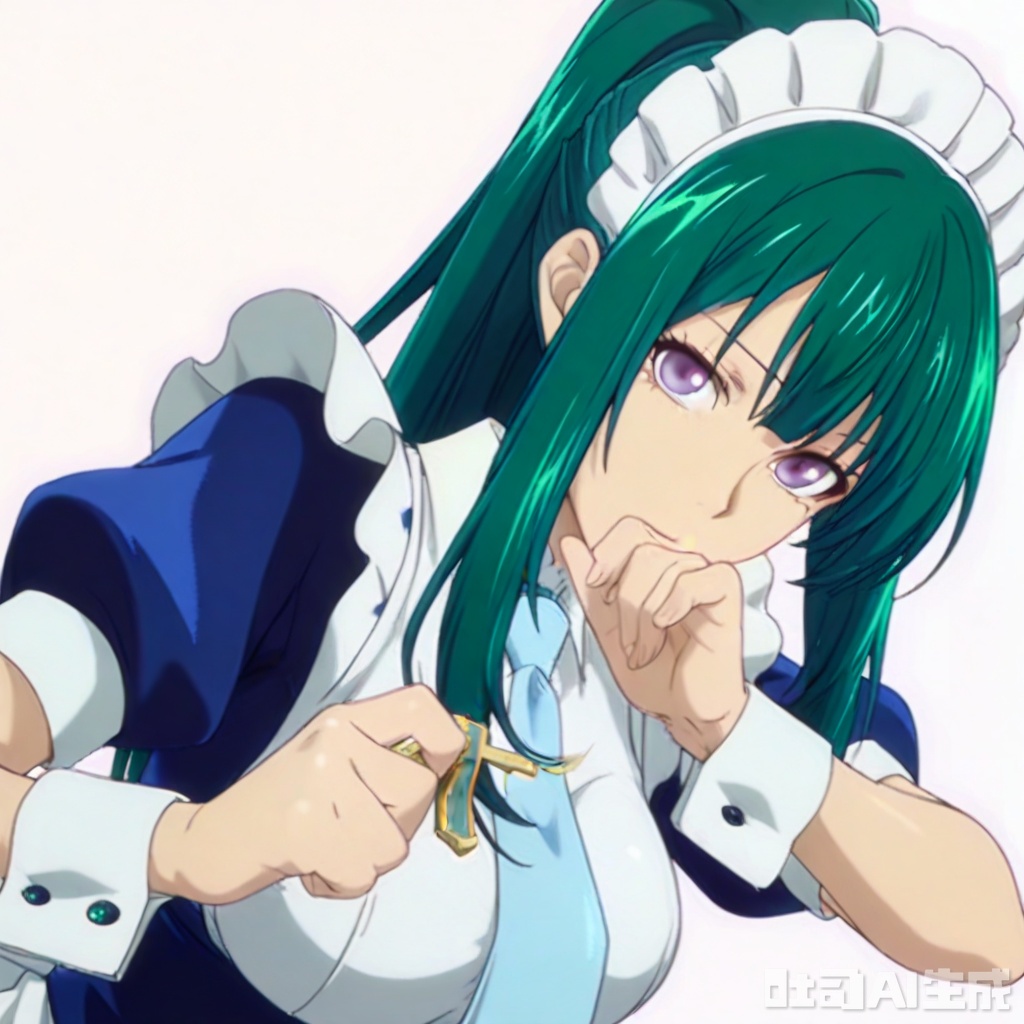 masterpiece, best quality,solo,((white background:1.2)),simple background,
looking at viewer,,Kitahara Iori,1boy,long hair,breasts,dress,purple eyes,ponytail,short sleeves,sidelocks,green hair,necktie,alternate costume,puffy sleeves,apron,wrist cuffs,maid,maid headdress,cross,maid apron