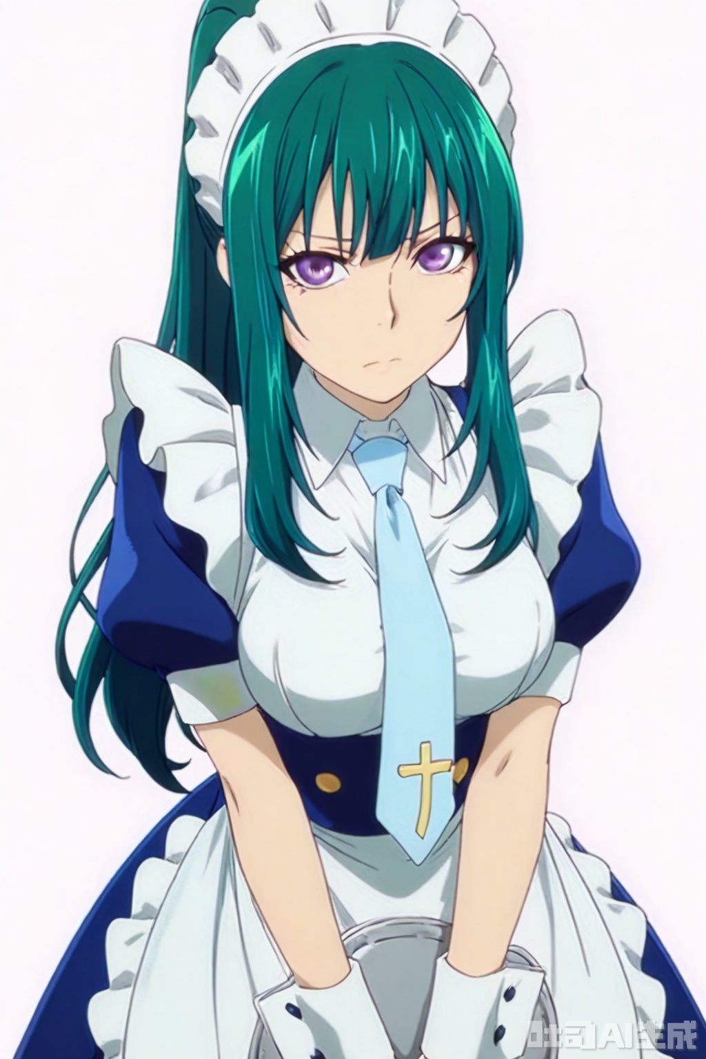 masterpiece, best quality,solo,((white background:1.2)),simple background,
looking at viewer,,Kitahara Iori,1boy,long hair,breasts,dress,purple eyes,ponytail,short sleeves,sidelocks,green hair,necktie,alternate costume,puffy sleeves,apron,wrist cuffs,maid,maid headdress,cross,maid apron