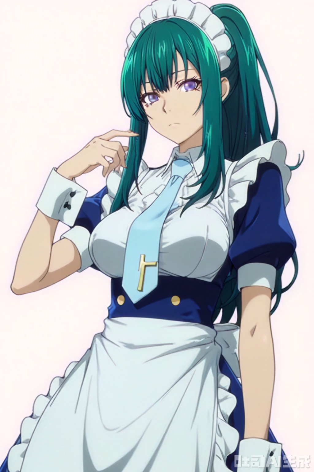 masterpiece, best quality,solo,((white background:1.2)),simple background,
looking at viewer,,Kitahara Iori,1boy,long hair,breasts,dress,purple eyes,ponytail,short sleeves,sidelocks,green hair,necktie,alternate costume,puffy sleeves,apron,wrist cuffs,maid,maid headdress,cross,maid apron