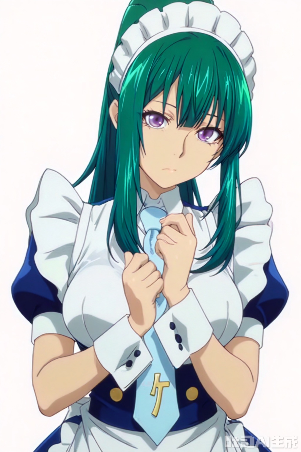 masterpiece, best quality,solo,((white background:1.2)),simple background,
looking at viewer,,Kitahara Iori,1boy,long hair,breasts,dress,purple eyes,ponytail,short sleeves,sidelocks,green hair,necktie,alternate costume,puffy sleeves,apron,wrist cuffs,maid,maid headdress,cross,maid apron