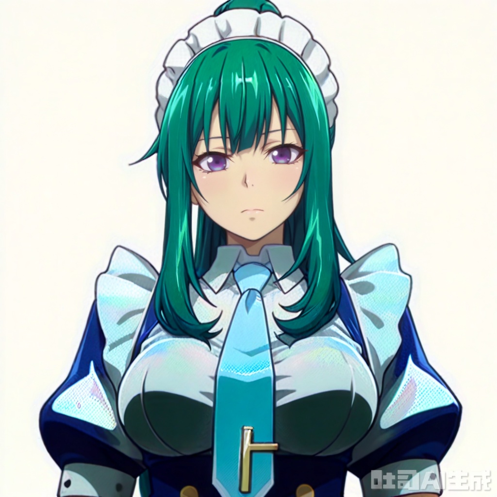 masterpiece, best quality,solo,((white background:1.2)),simple background,
looking at viewer,,Kitahara Iori,1boy,long hair,breasts,dress,purple eyes,ponytail,short sleeves,sidelocks,green hair,necktie,alternate costume,puffy sleeves,apron,wrist cuffs,maid,maid headdress,cross,maid apron