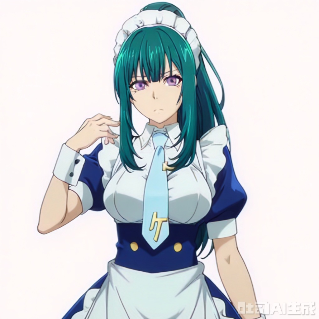 masterpiece, best quality,solo,((white background:1.2)),simple background,
looking at viewer,,Kitahara Iori,1boy,long hair,breasts,dress,purple eyes,ponytail,short sleeves,sidelocks,green hair,necktie,alternate costume,puffy sleeves,apron,wrist cuffs,maid,maid headdress,cross,maid apron