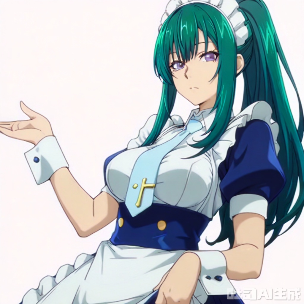 masterpiece, best quality,solo,((white background:1.2)),simple background,
looking at viewer,,Kitahara Iori,1boy,long hair,breasts,dress,purple eyes,ponytail,short sleeves,sidelocks,green hair,necktie,alternate costume,puffy sleeves,apron,wrist cuffs,maid,maid headdress,cross,maid apron