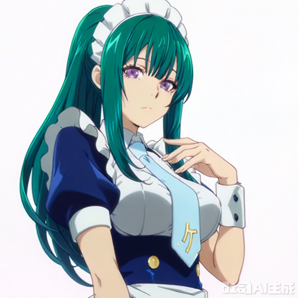 masterpiece, best quality,solo,((white background:1.2)),simple background,
looking at viewer,,Kitahara Iori,1boy,long hair,breasts,dress,purple eyes,ponytail,short sleeves,sidelocks,green hair,necktie,alternate costume,puffy sleeves,apron,wrist cuffs,maid,maid headdress,cross,maid apron