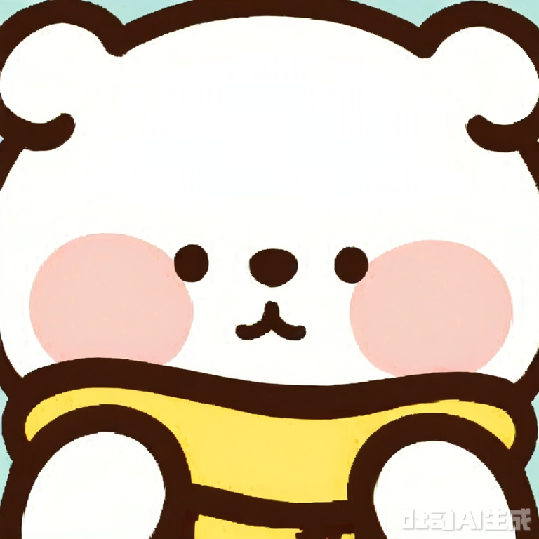 bestquality, 1 white cartoon bear, no human, solo, blushing cheeks, round face, small black eyes, petite chubby body, cartoon, wearing a scarf, light blue background
